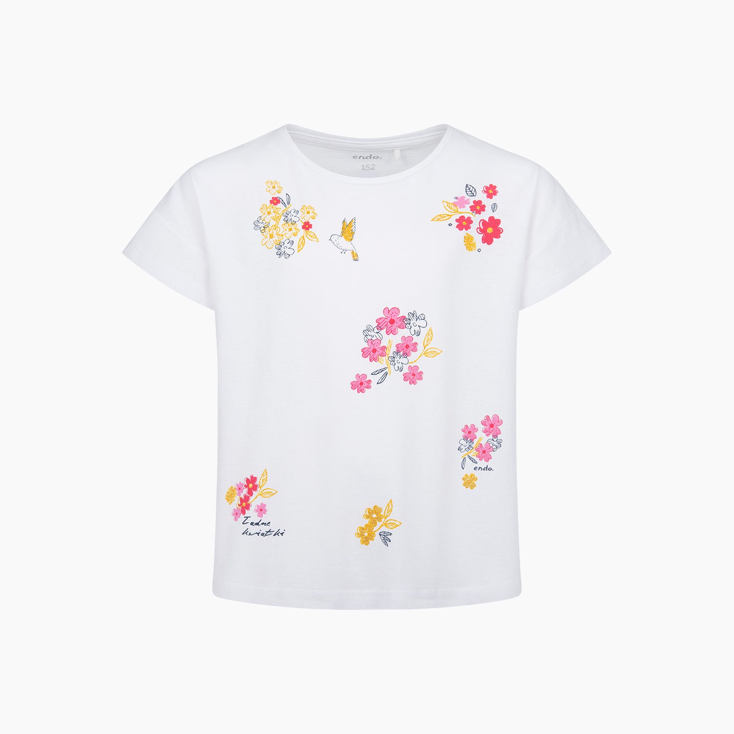 Bluzka z krótkim rękawem dla dziewczynki, z kwiatkami, biała 9-13 lat