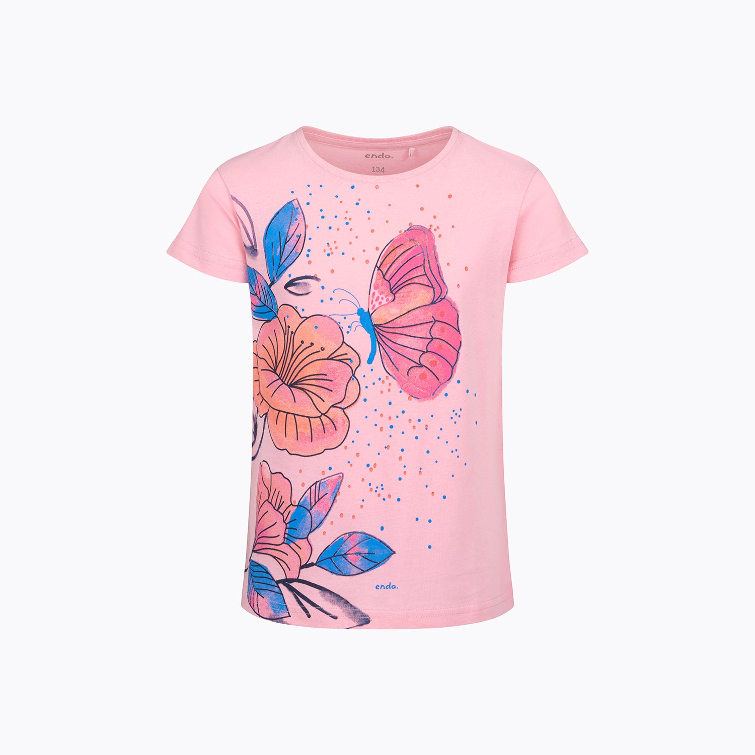 Bluzka z krótkim rękawem dla dziewczynki, z motylem i kwiatami, różowa 9-13 lat