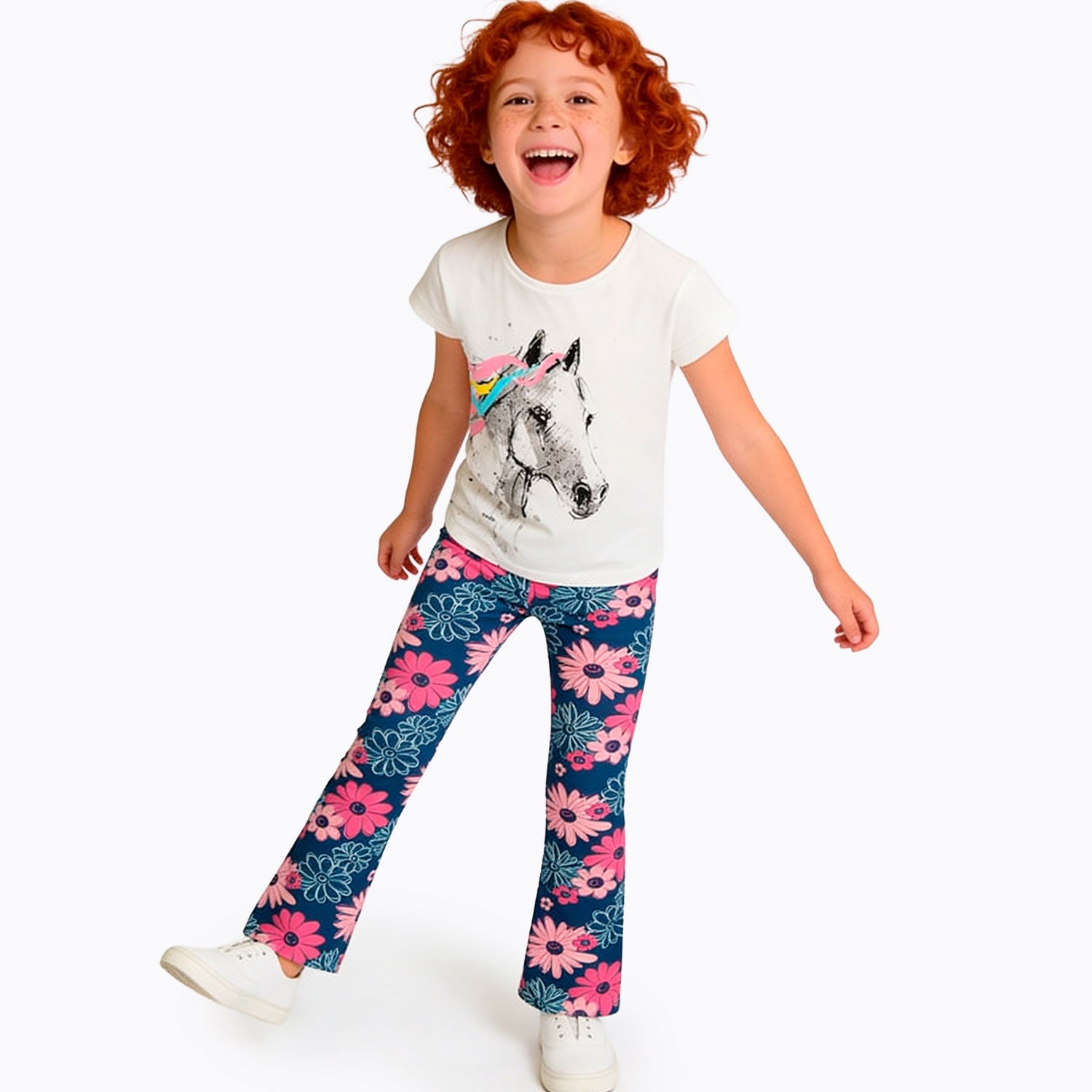 Legginsy flare dla dziewczynki 3-8 lat, niebieskie "kwiaty"