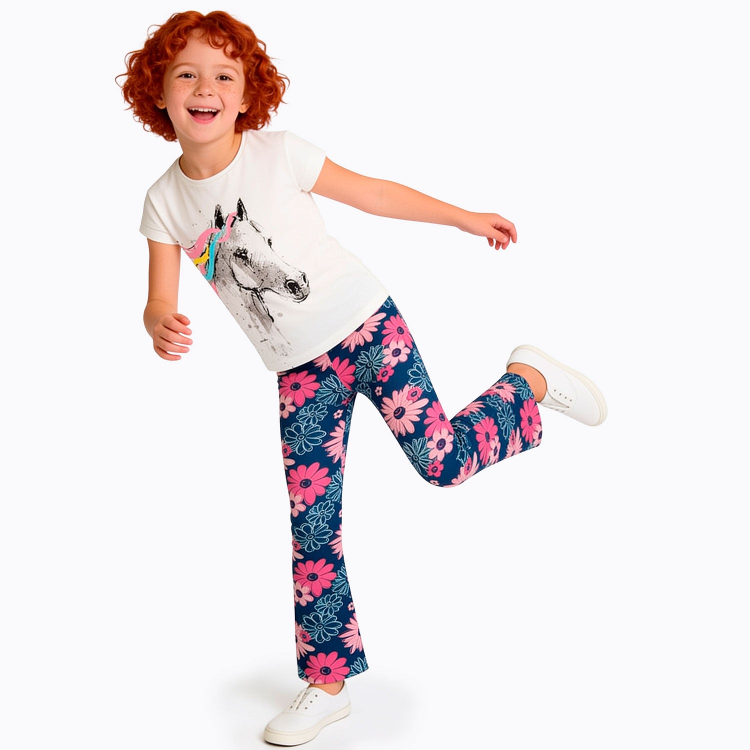 Legginsy flare dla dziewczynki 3-8 lat, niebieskie "kwiaty"