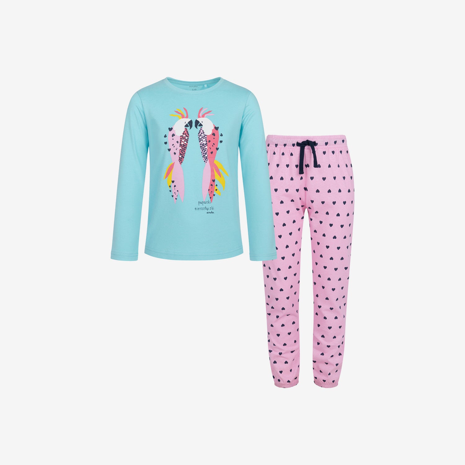 Long-sleeved pajama for girls, with lovebirds, blue, 9-13 years old