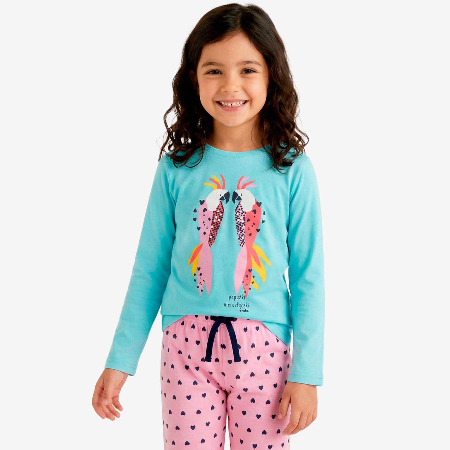Piżama z długim rękawem dla dziewczynki, z papużkami nierozłączkami, niebieska 3-8 lat