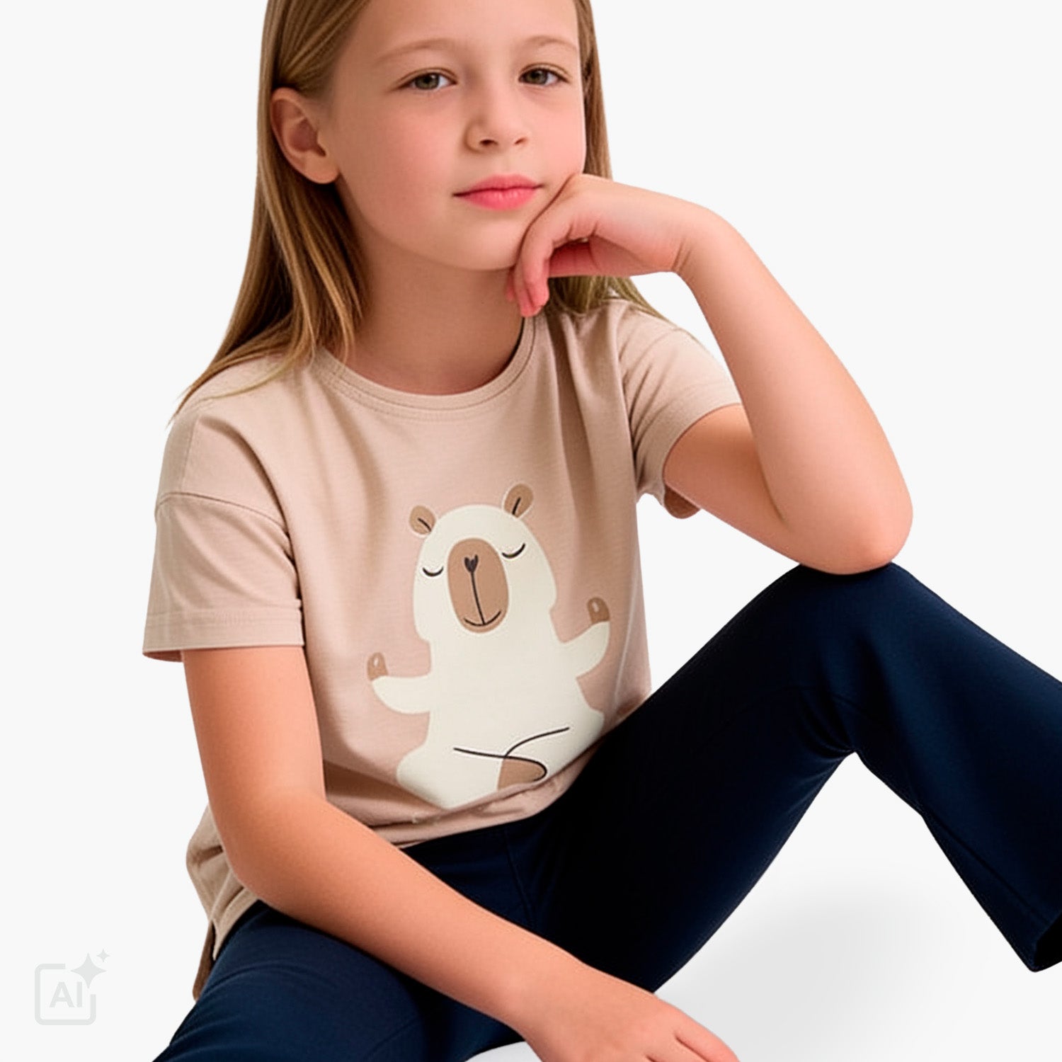 T-shirt z krótkim rękawem dla dziewczynki 3-8 lat, beżowy z kapibarą