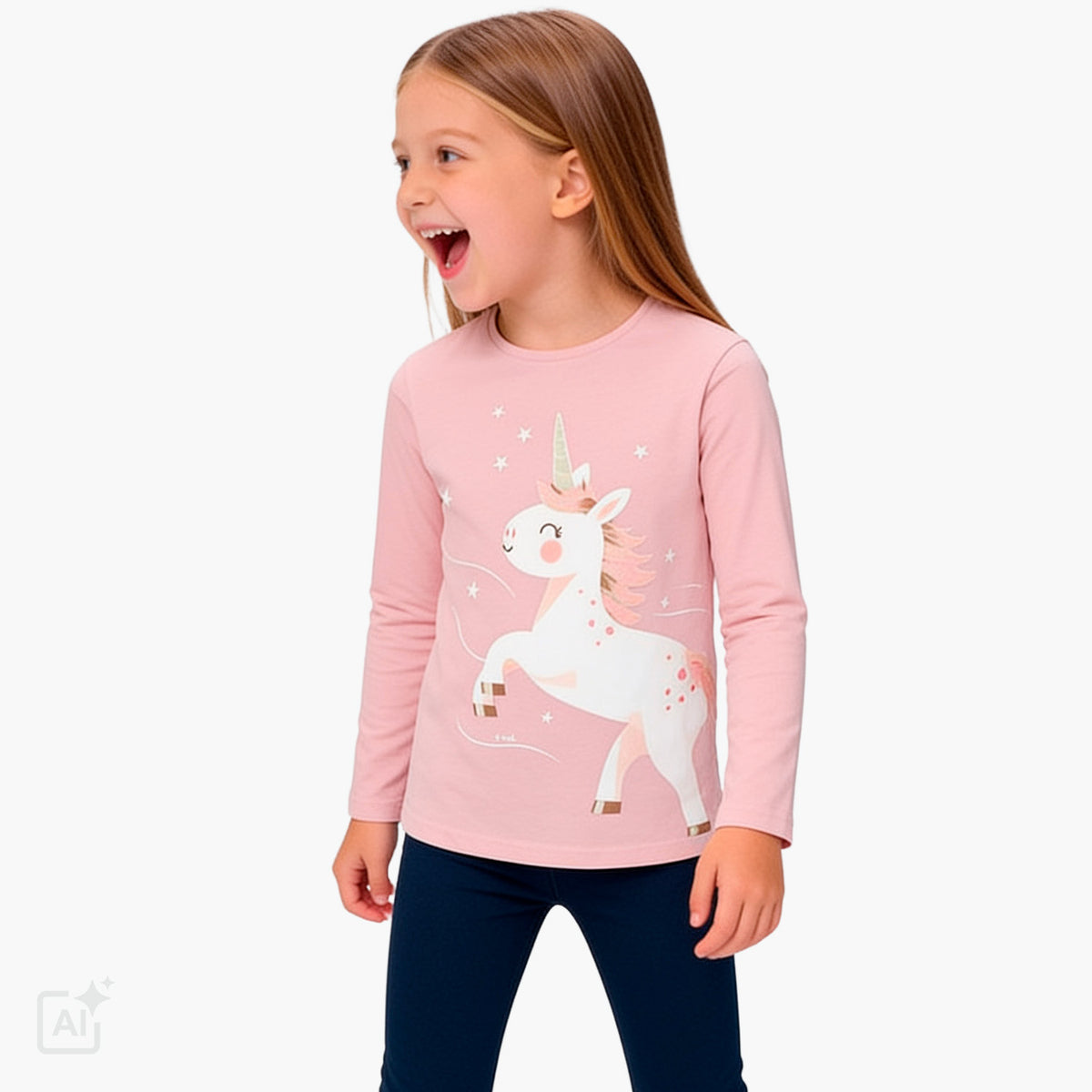 T-shirt z długim rękawem dla dziewczynki 3-8 lat, różowy z jednorożcem