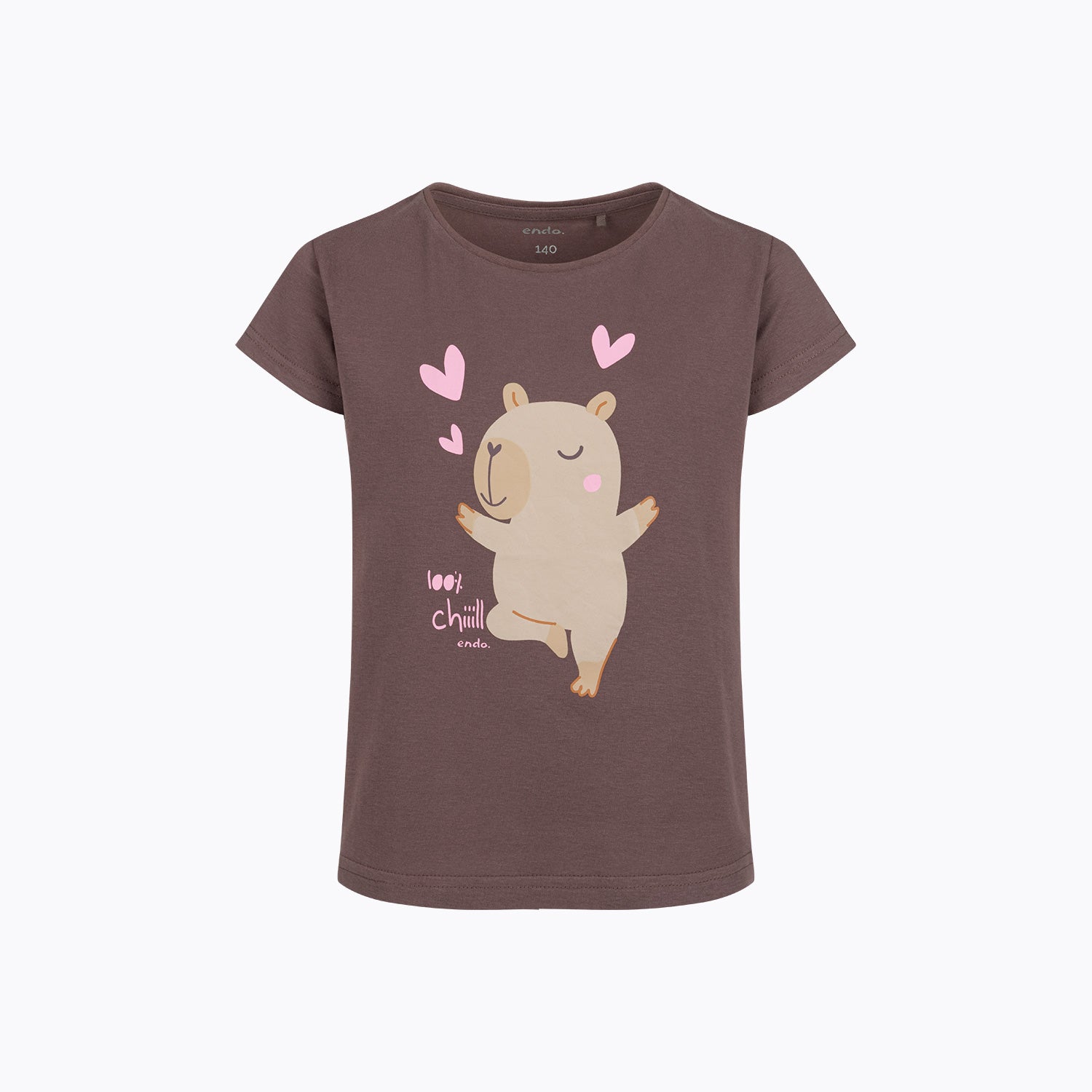 T-shirt z krótkim rękawem dla dziewczynki 9-13 lat, brązowy z kapibarą