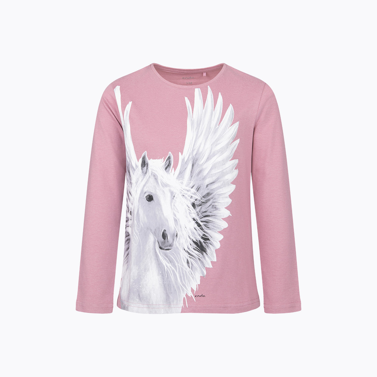 T-shirt z długim rękawem dla dziewczynki 9-13 lat, różowy z pegazem