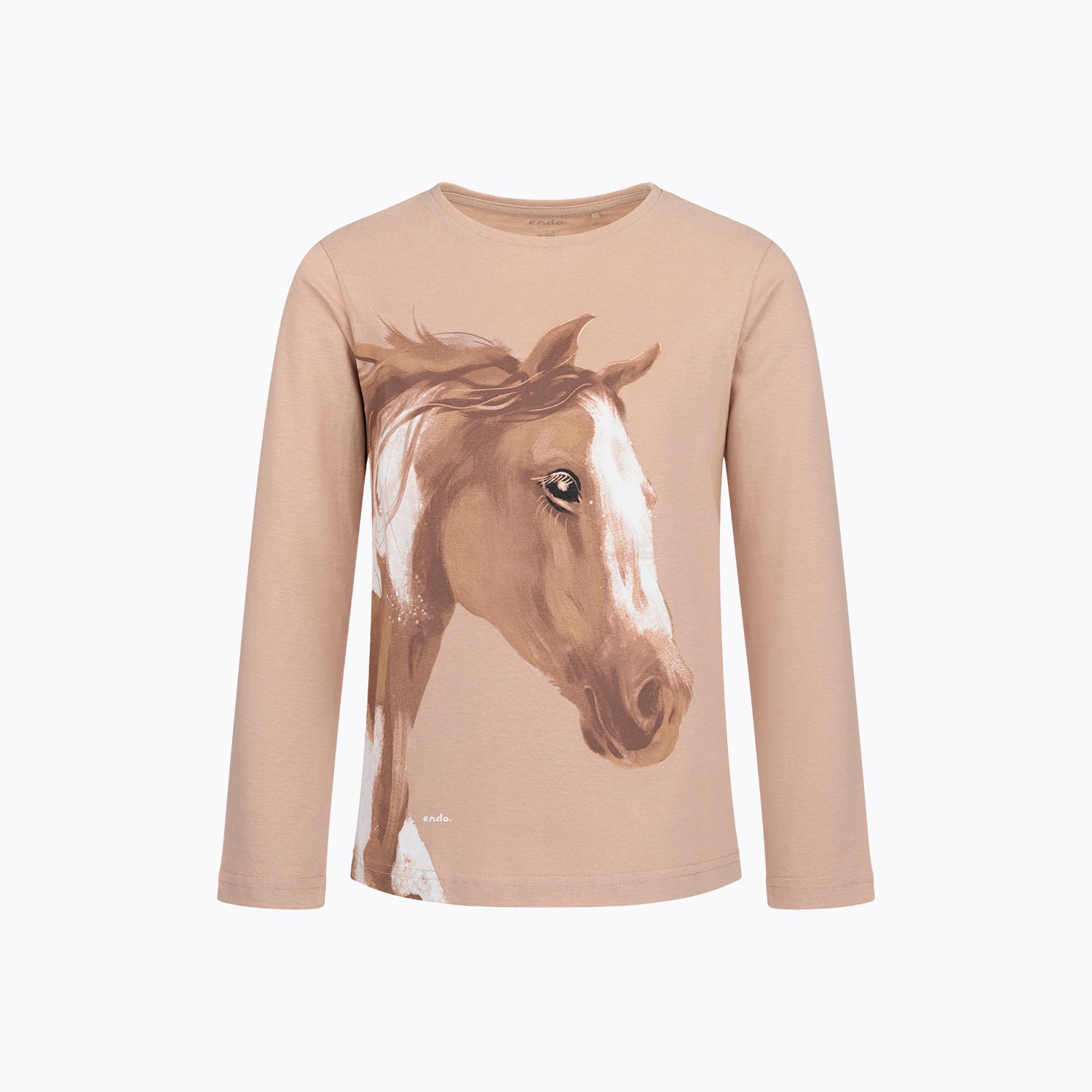 T-shirt z długim rękawem dla dziewczynki 9-13 lat, beżowy z koniem
