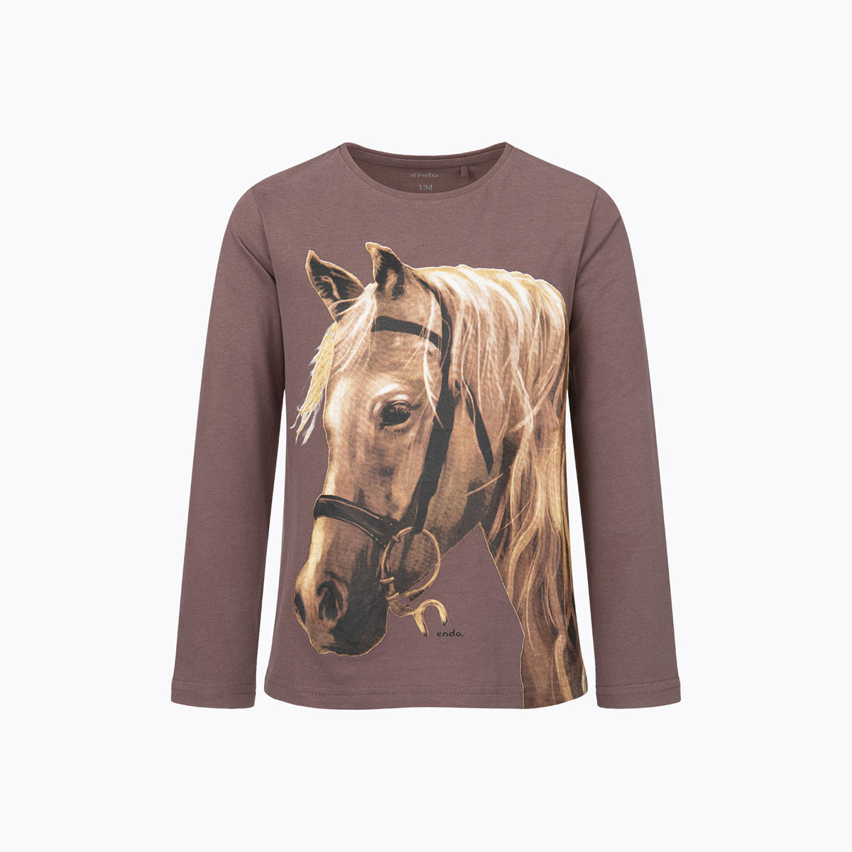 T-shirt z długim rękawem dla dziewczynki 9-13 lat, brązowe z koniem