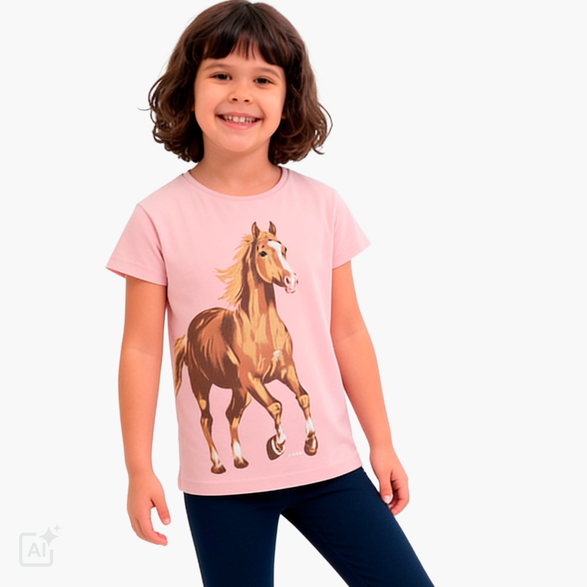 T-shirt z krótkim rękawem dla dziewczynki 9-13 lat, różowy z koniem