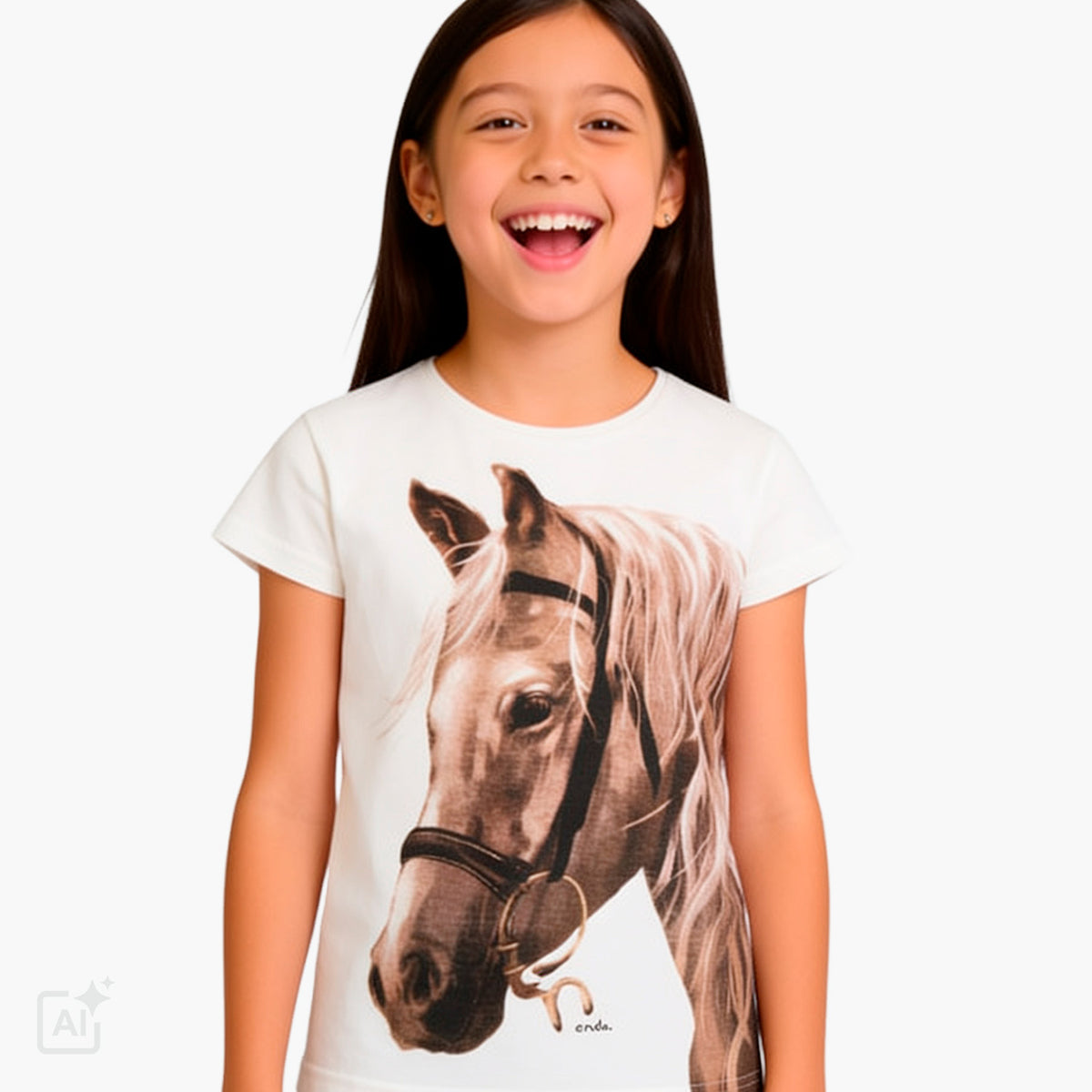 T-shirt z krótkim rękawem dla dziewczynki 9-13 lat, biały z koniem