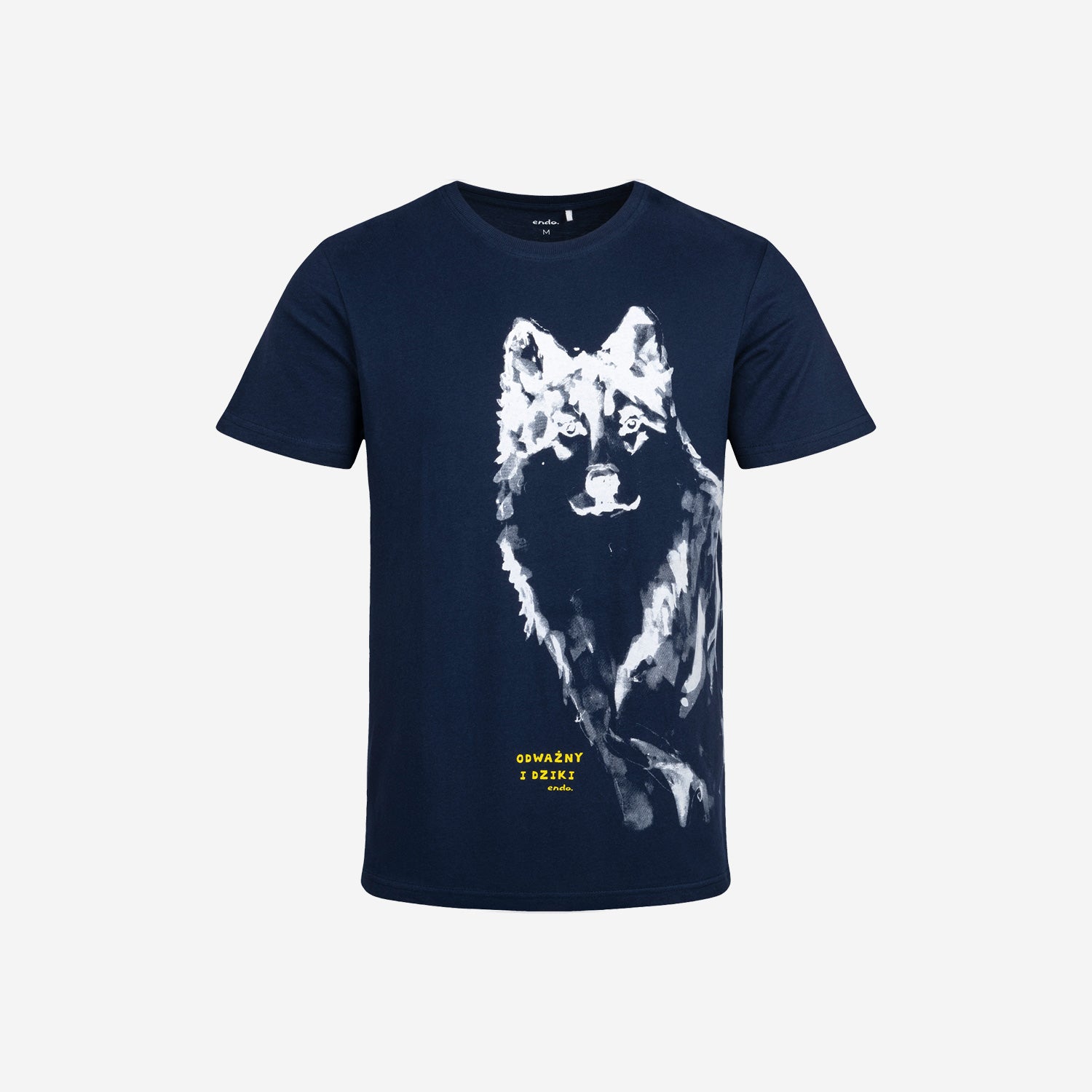 Męski t-shirt z krótkim rękawem, z wilkiem i napisem"odważny i dziki", granatowy