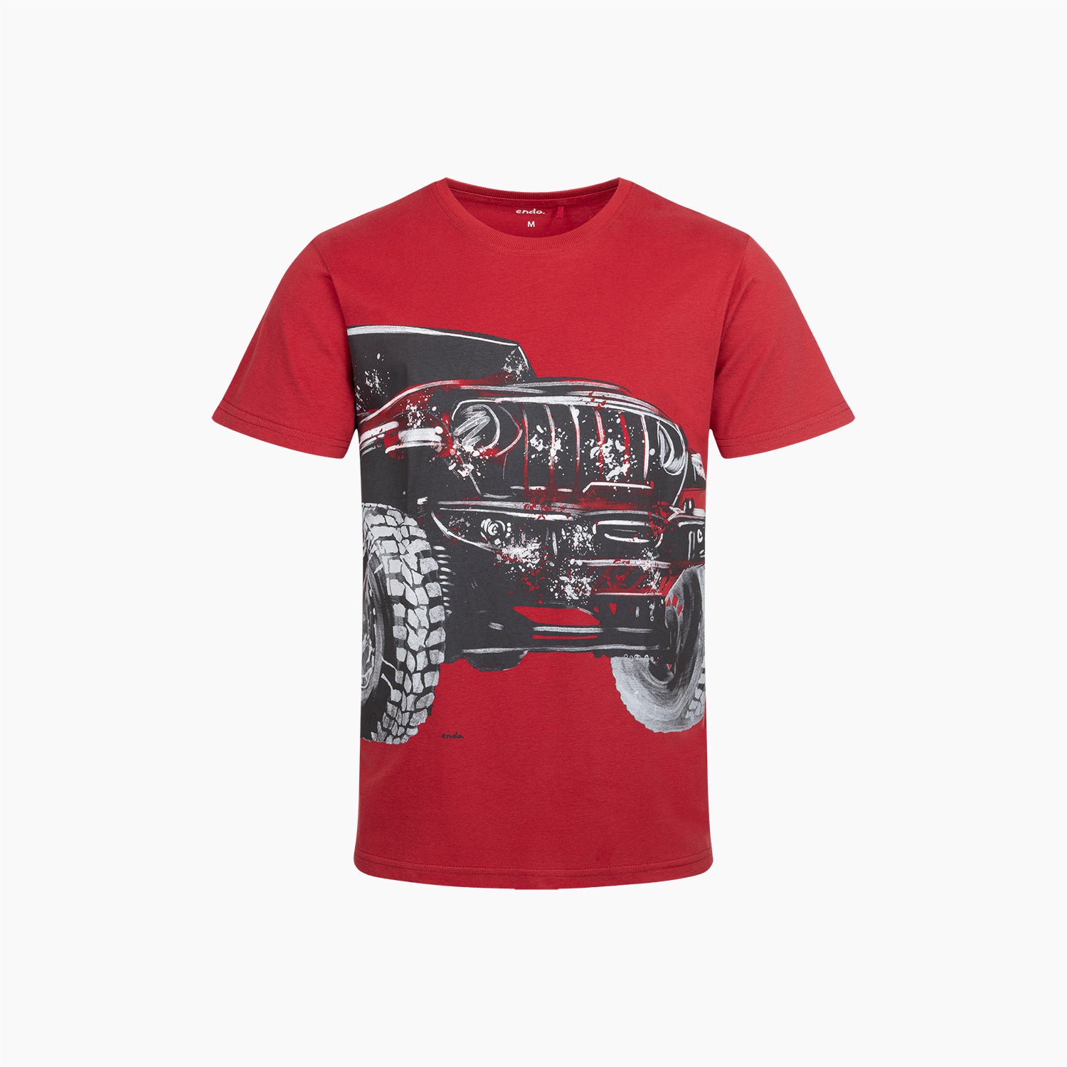 Męski t-shirt z krótkim rękawem, z autem terenowym, czerwony