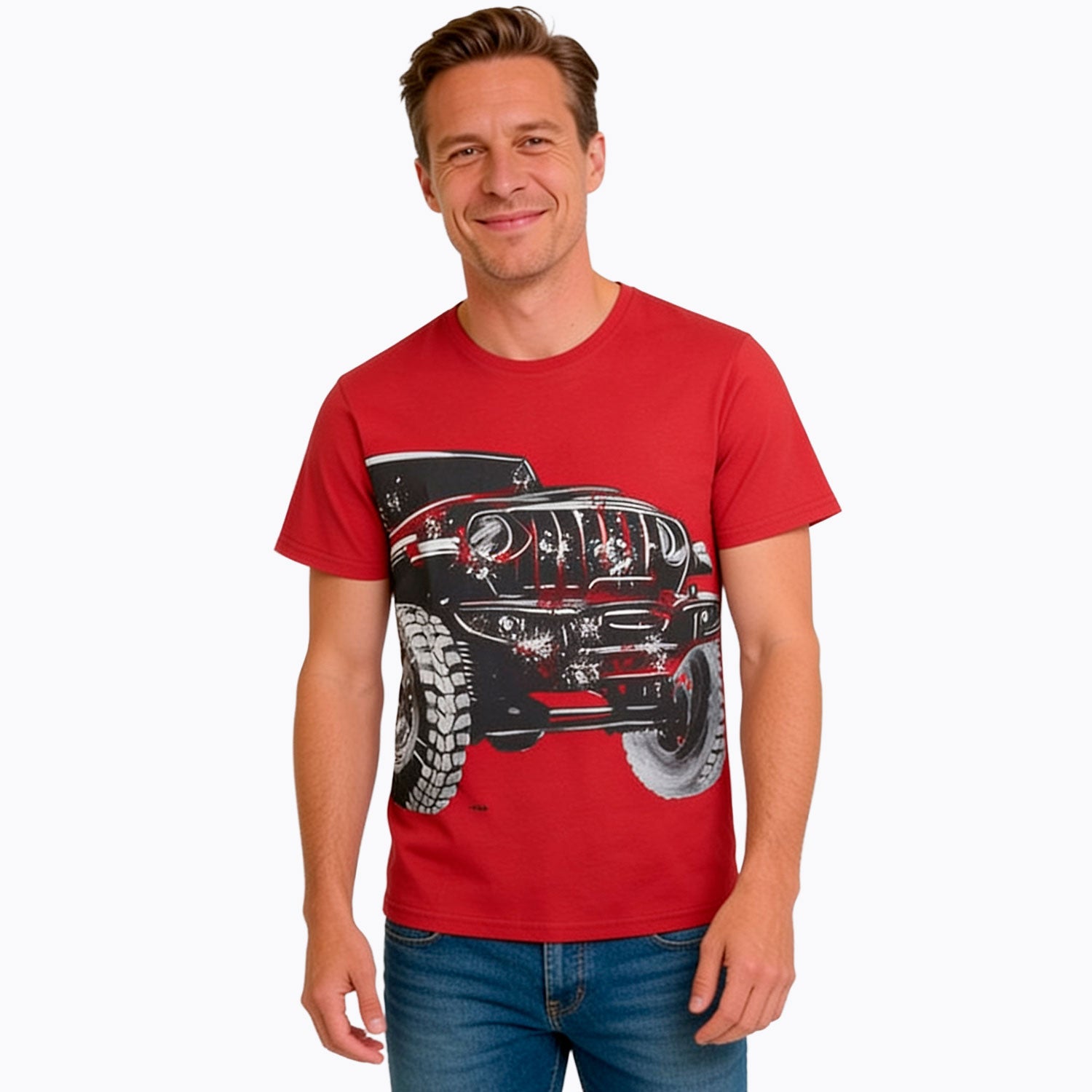 Męski t-shirt z krótkim rękawem, z autem terenowym, czerwony