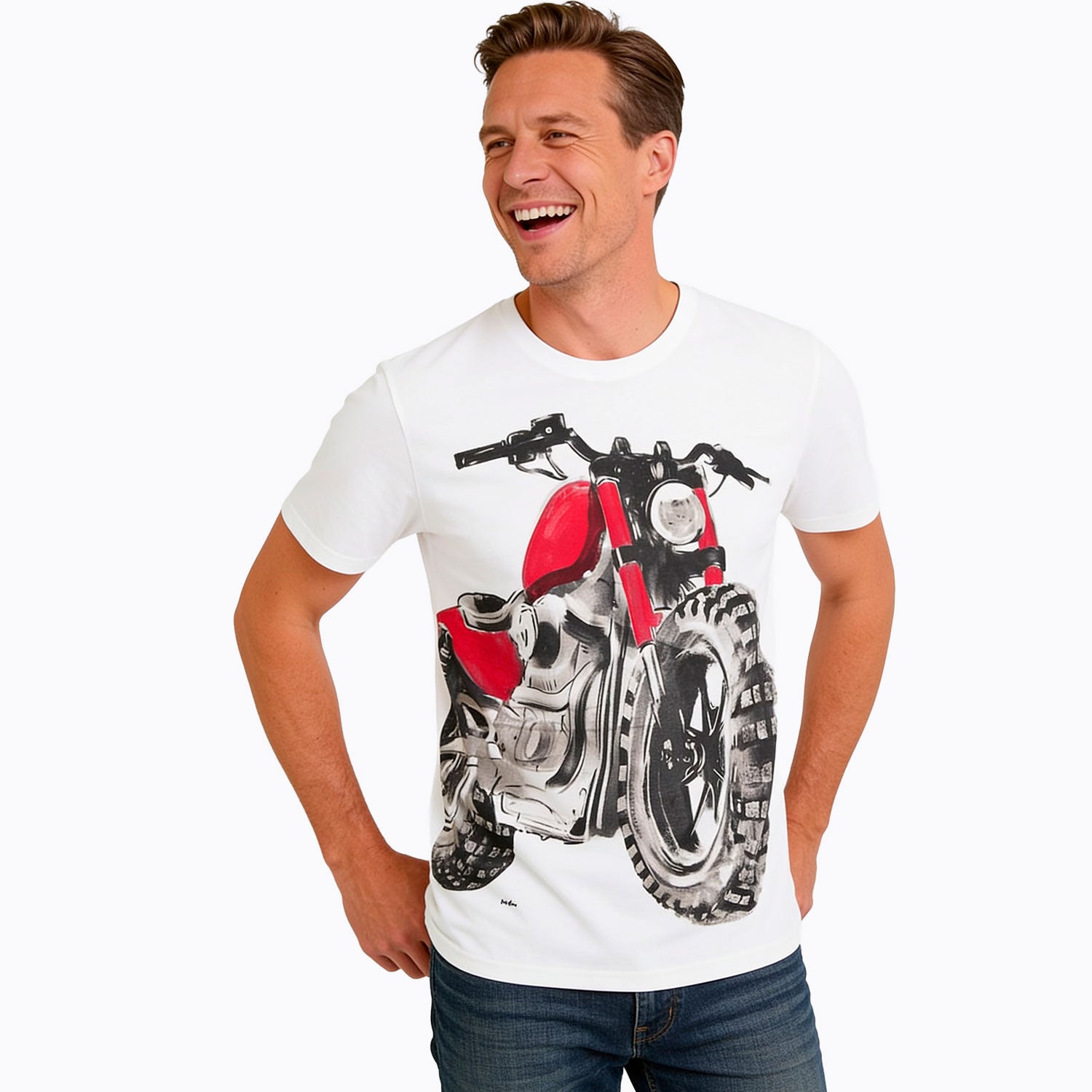 Męski t-shirt z krótkim rękawem, z motocyklem, biały
