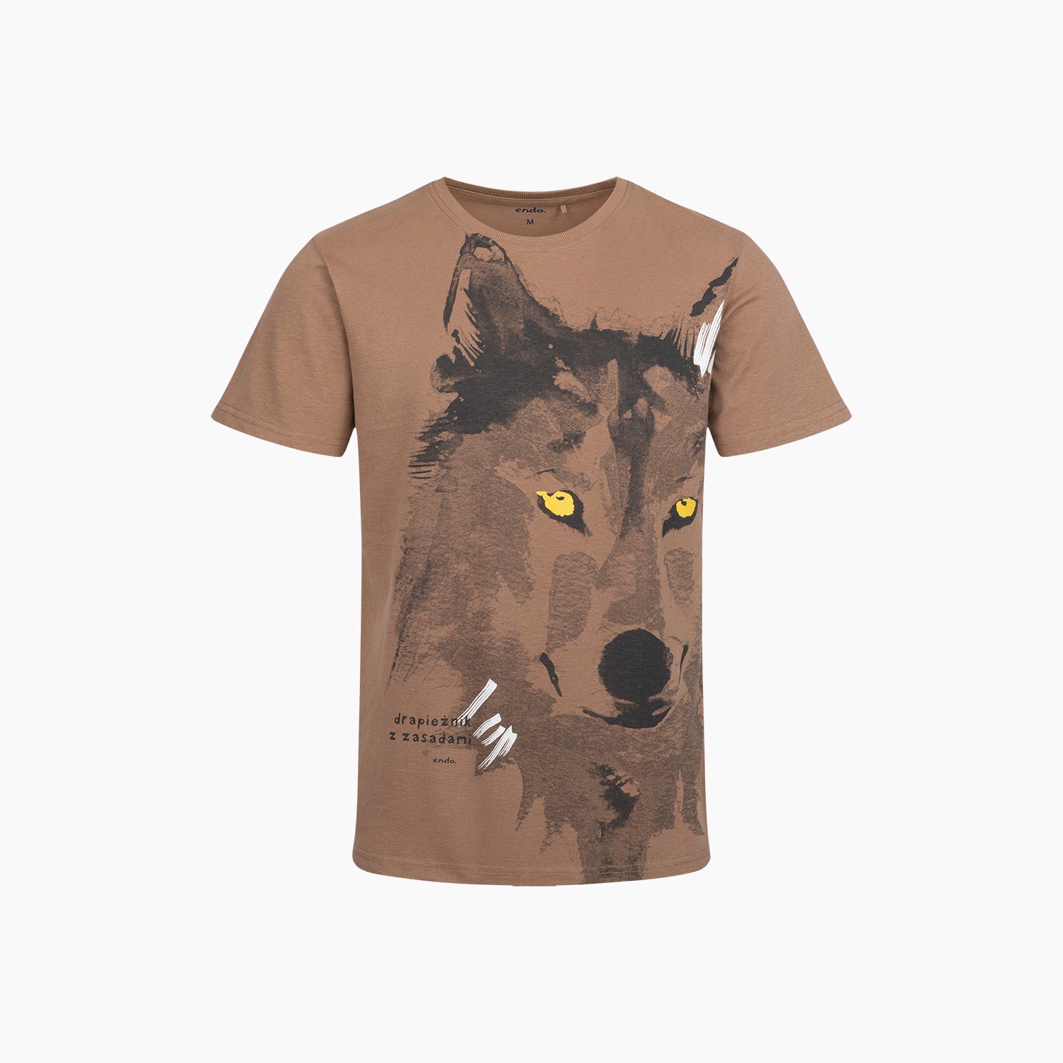 Męski t-shirt z krótkim rękawem, z wilkiem, brązowy