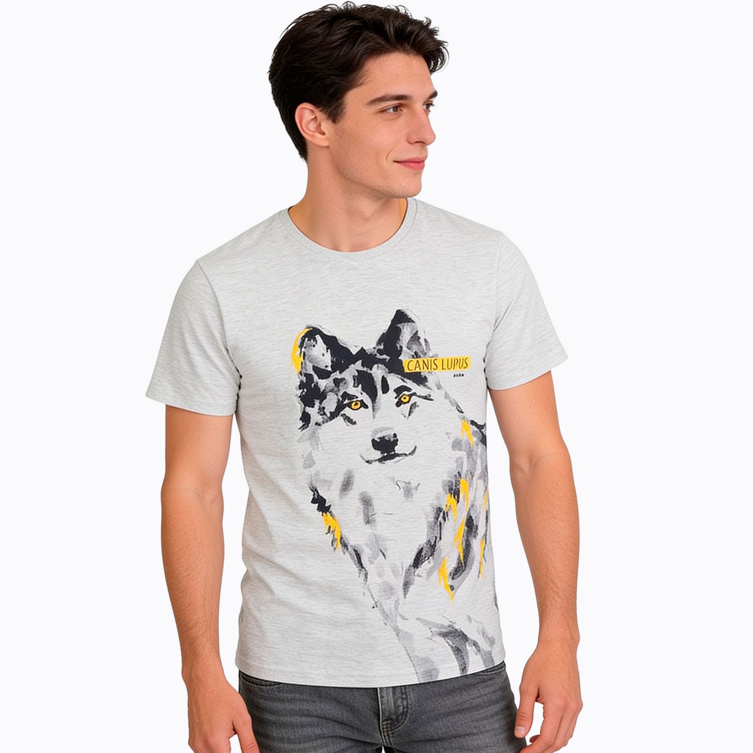Męski t-shirt z krótkim rękawem, z wilkiem, szary