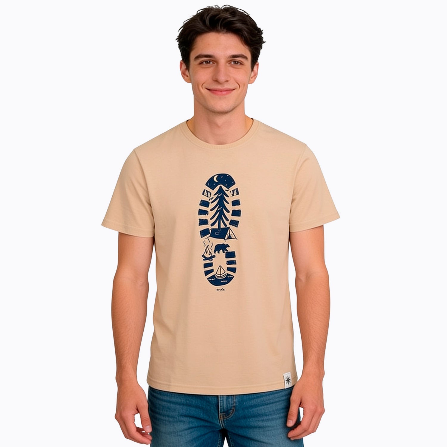 Męski t-shirt z krótkim rękawem, z traperem, beżowy
