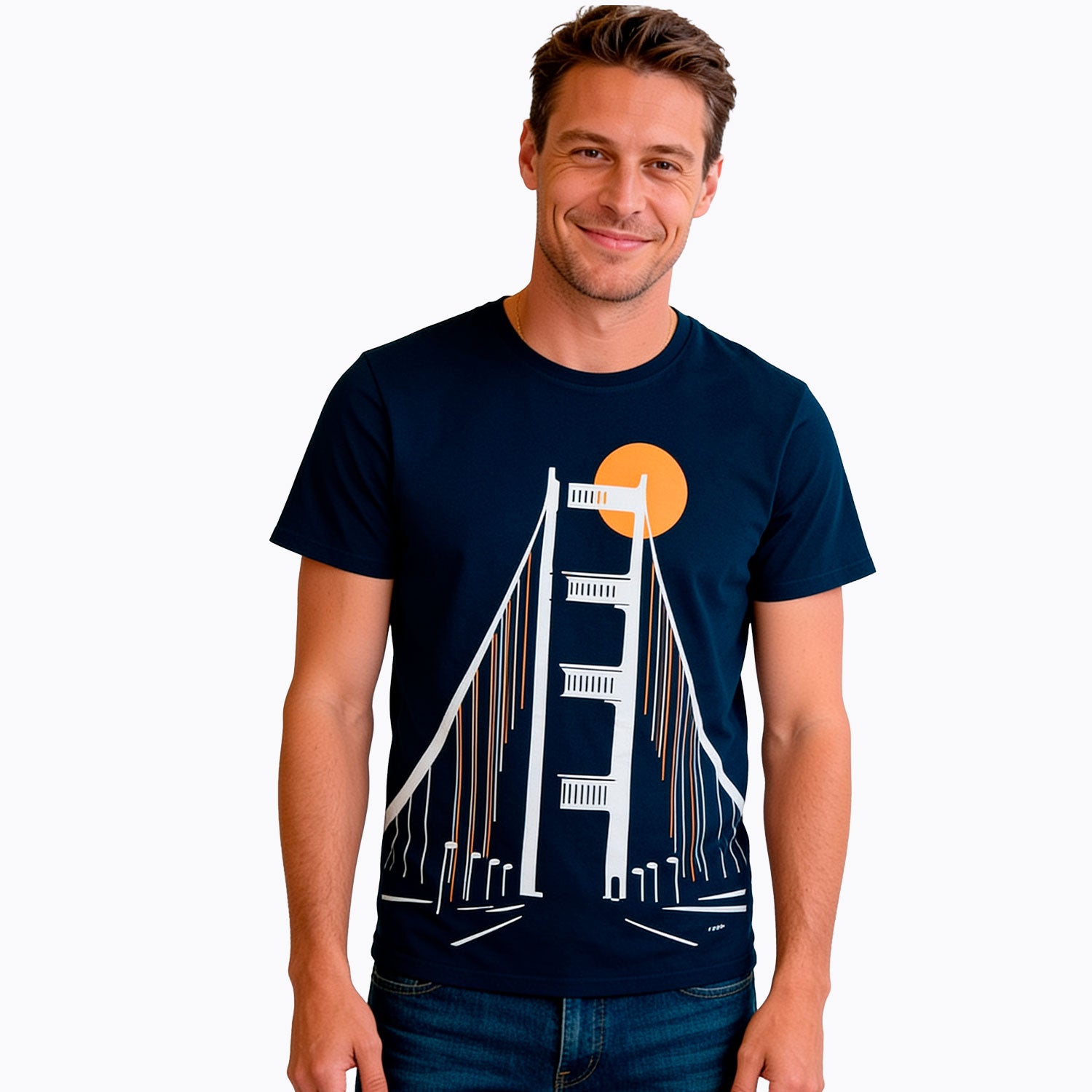 Męski t-shirt z krótkim rękawem, z motywem mostu, granatowy