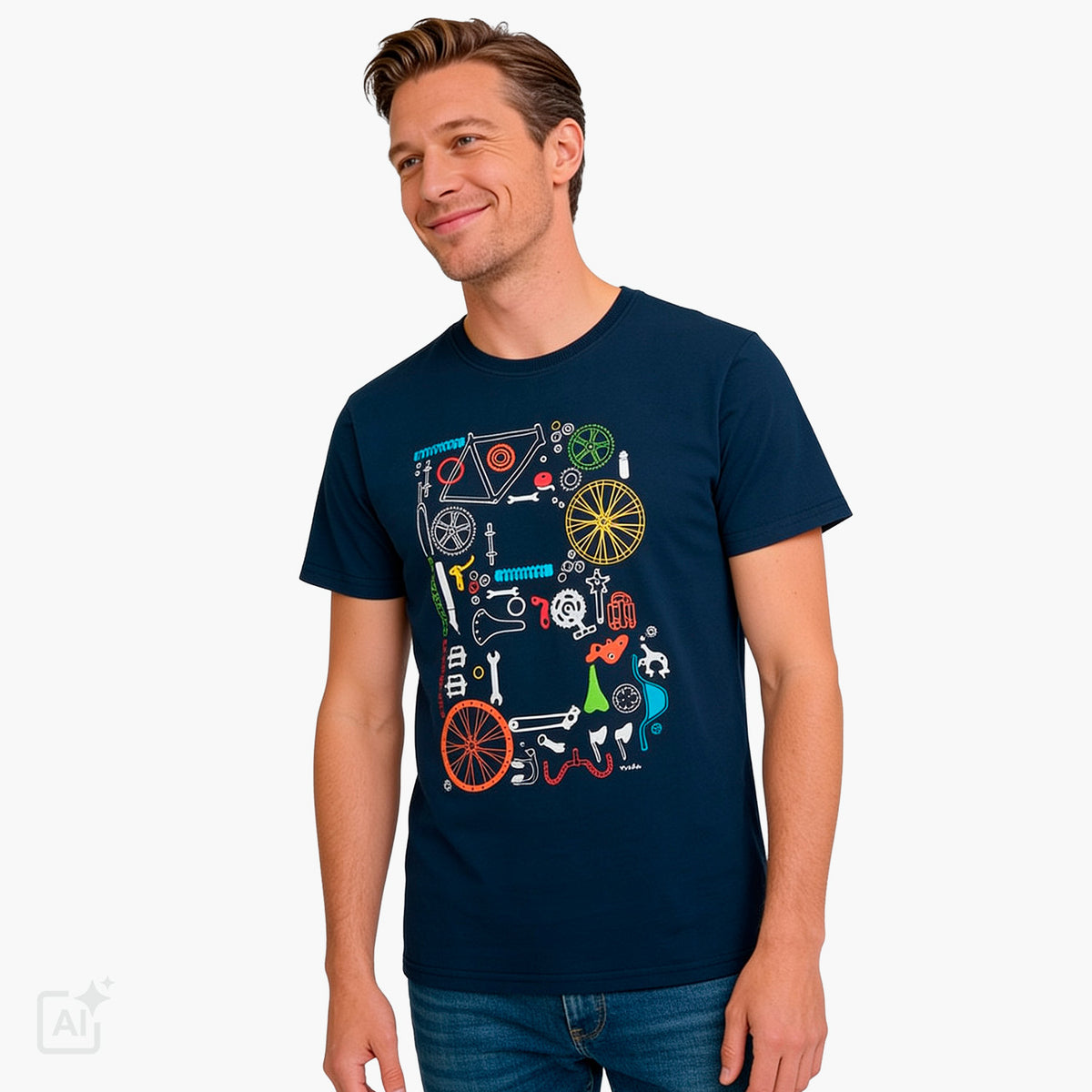 Męski t-shirt z krótkim rękawem, granatowy z motywem rowerowym