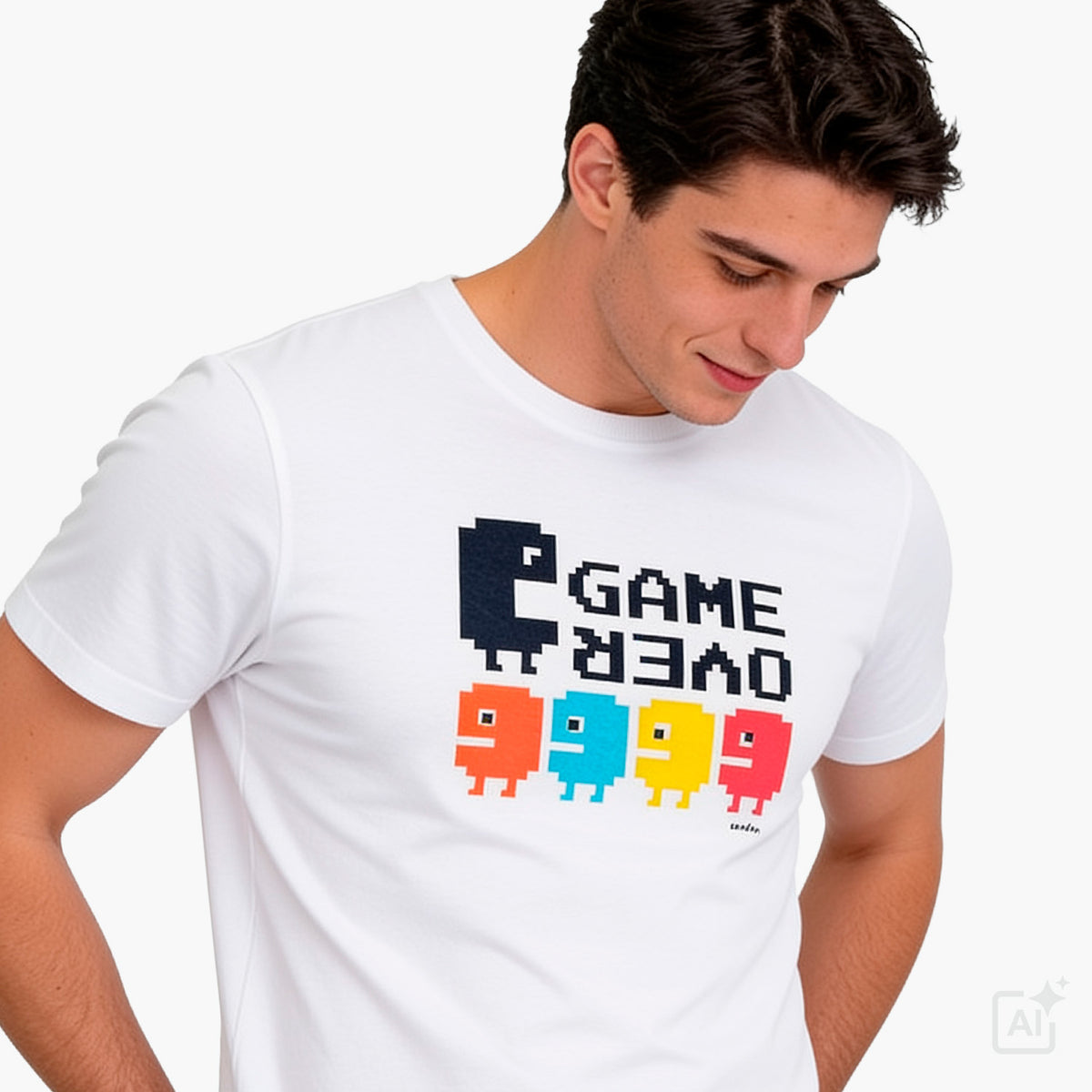Męski t-shirt z krótkim rękawem, biały z motywem gier