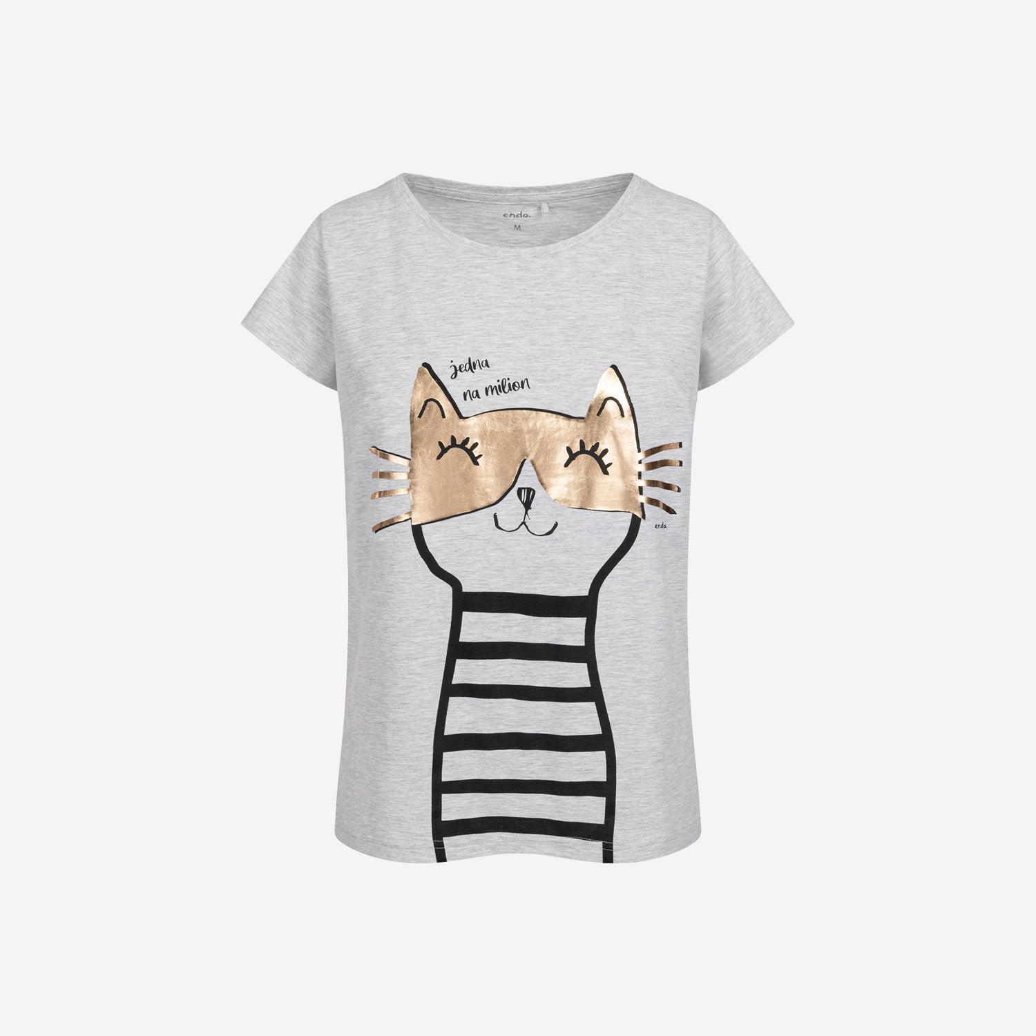 Damski t-shirt z krótkim rękawem, z kotem, jasnoszary
