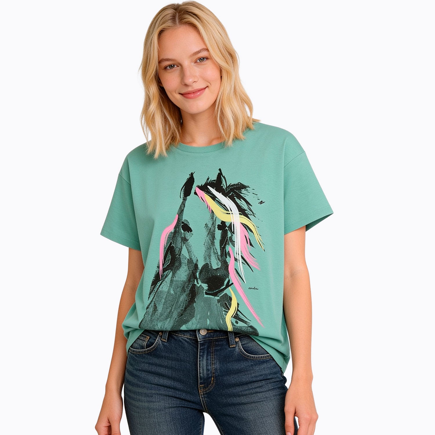 Damski t-shirt z krótkim rękawem, z koniem, Morski zielony
