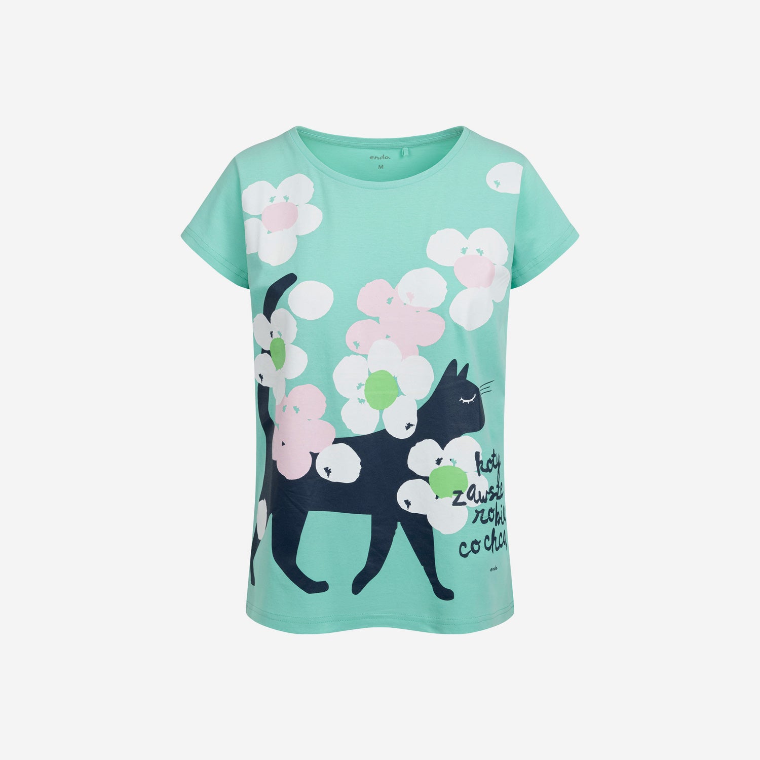 Damski t-shirt z krótkim rękawem, z kotem, zielony