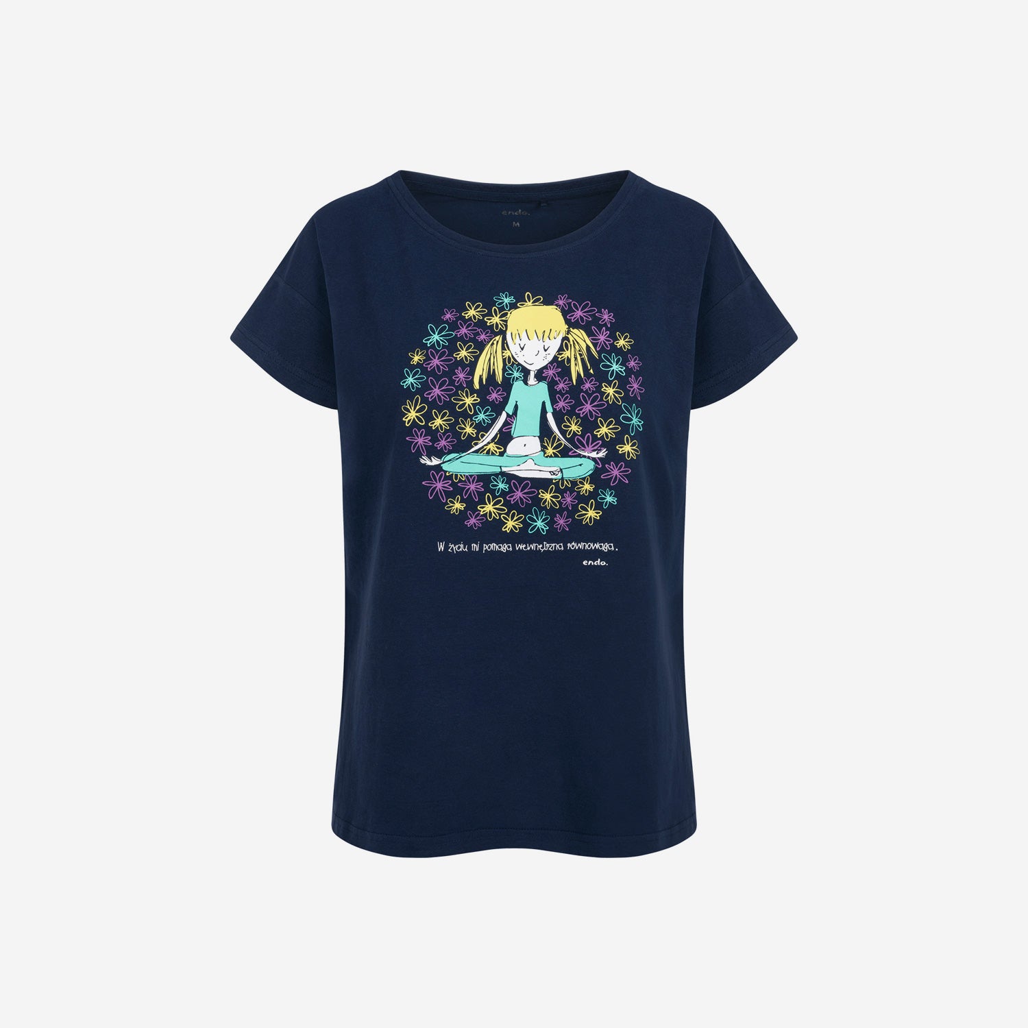 Damski t-shirt z krótkim rękawem, z napisem "W życiu mi pomaga wewnętrzna równowaga", granatowy