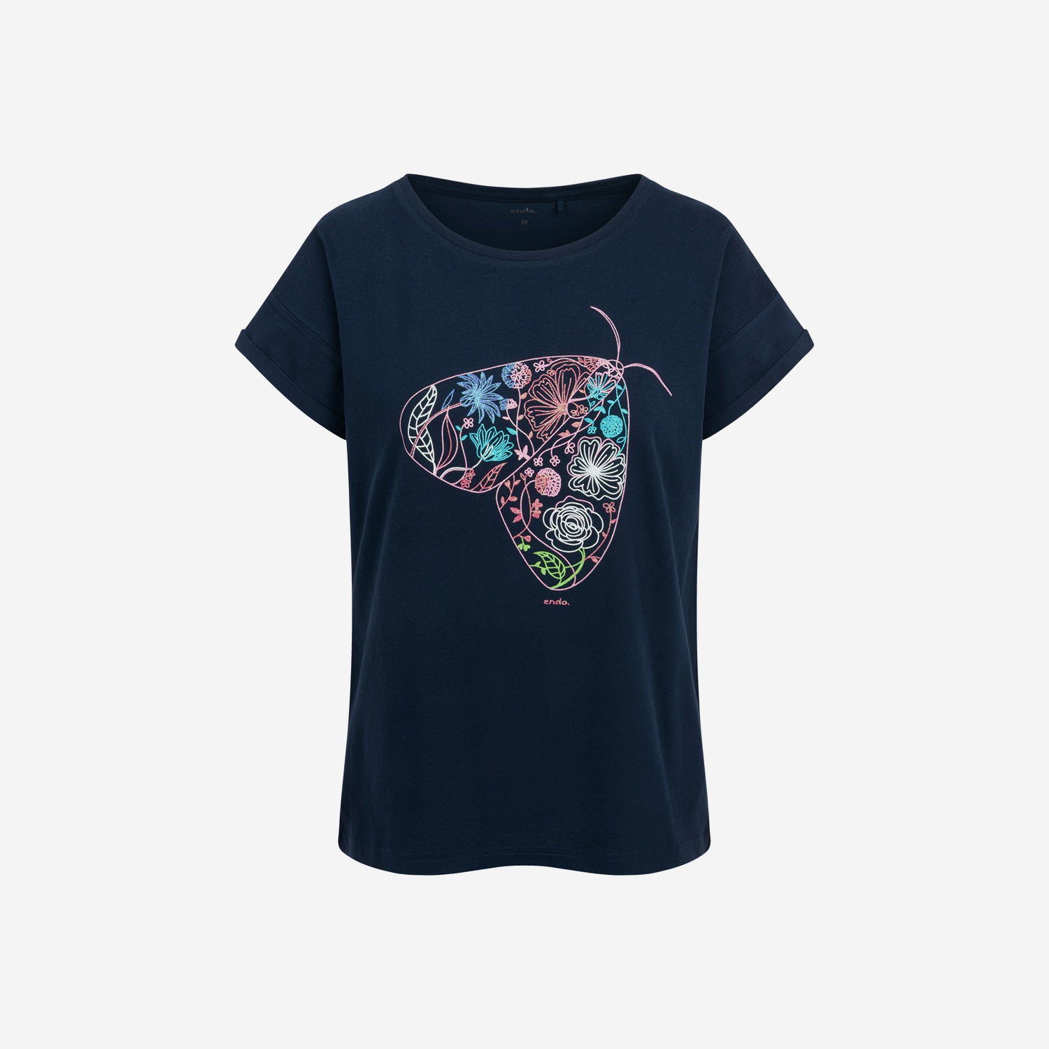 Damski t-shirt z krótkim rękawem, z motylem, granatowy
