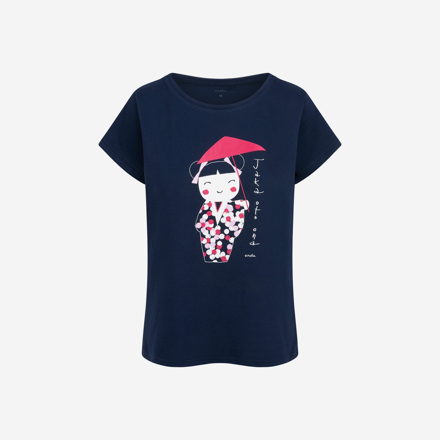 Damski t-shirt z krótkim rękawem, z gejszą, granatowy