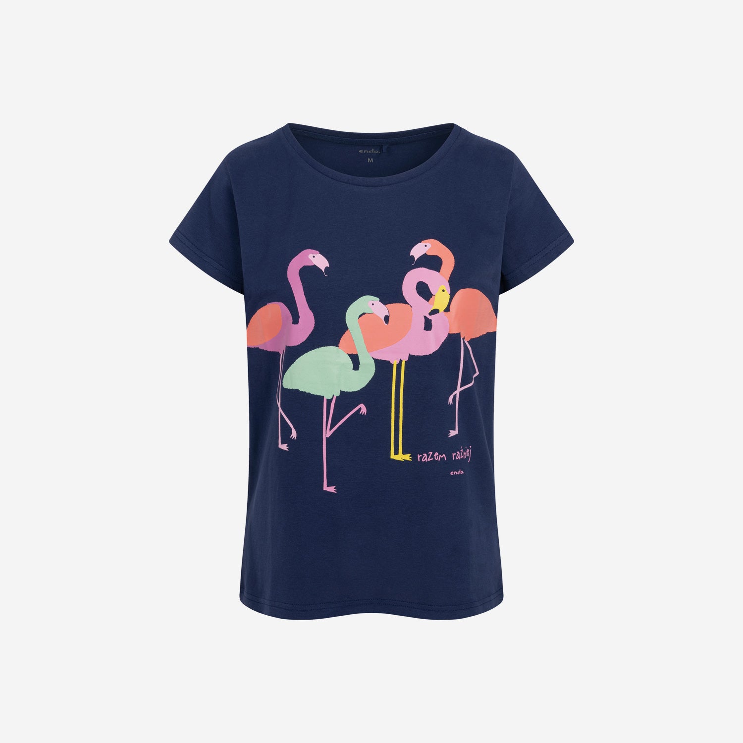 Damski t-shirt z krótkim rękawem, z flamingami, granatowy