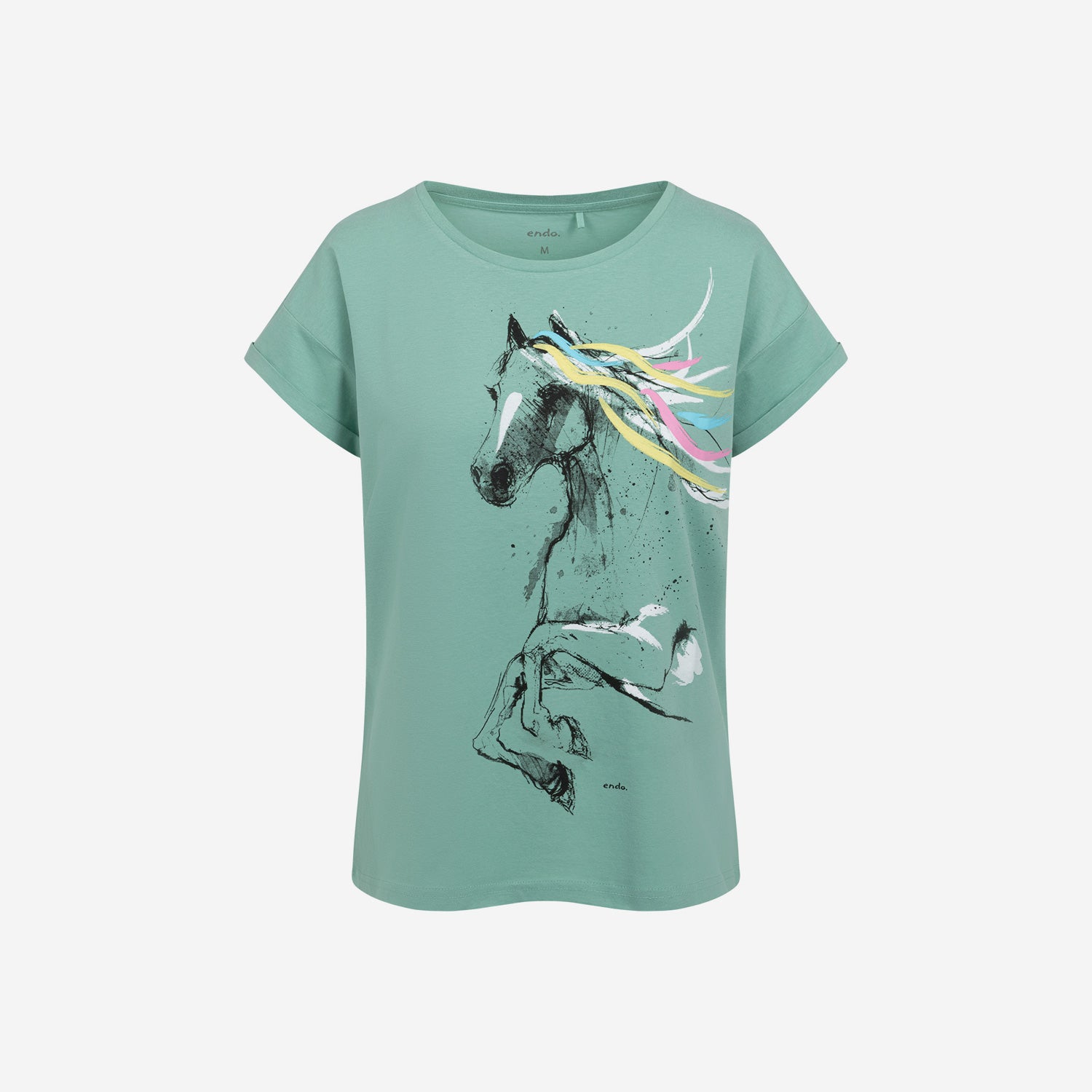 Damski t-shirt z krótkim rękawem, z koniem, zielony