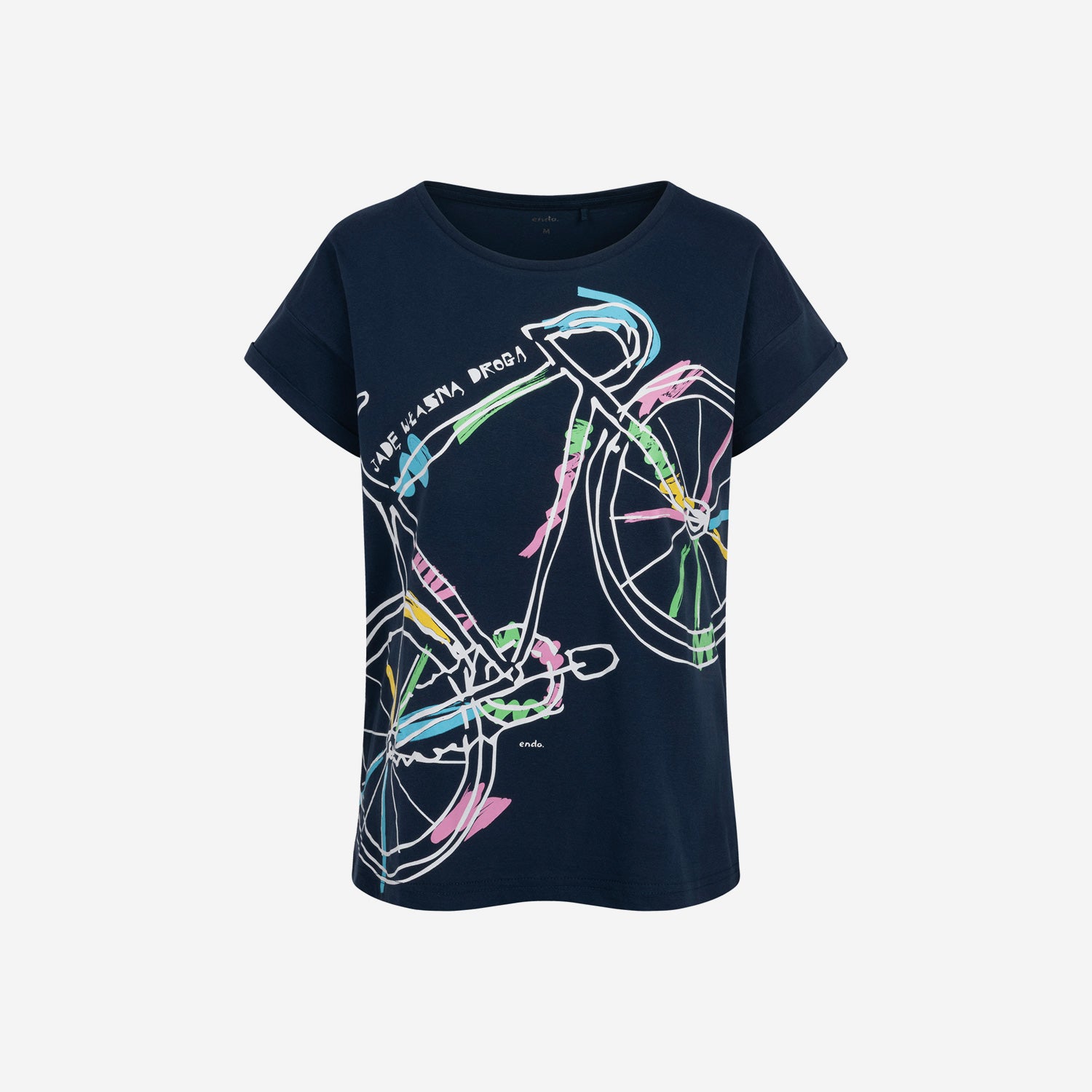 Damski t-shirt z krótkim rękawem, z motywem rowerowym, granatowy