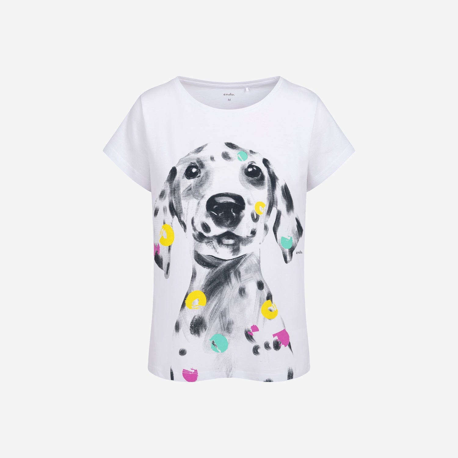 Damski t-shirt z krótkim rękawem, z dalmatyńczykiem, Biały