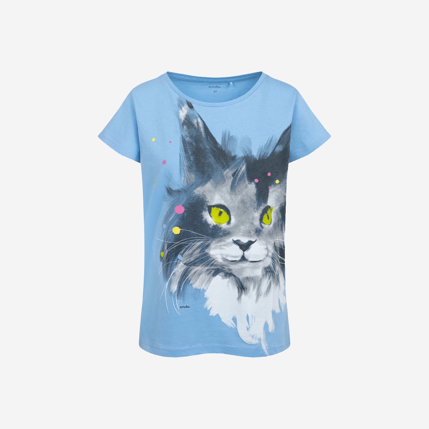 Damski t-shirt z krótkim rękawem, z kotem, niebieski
