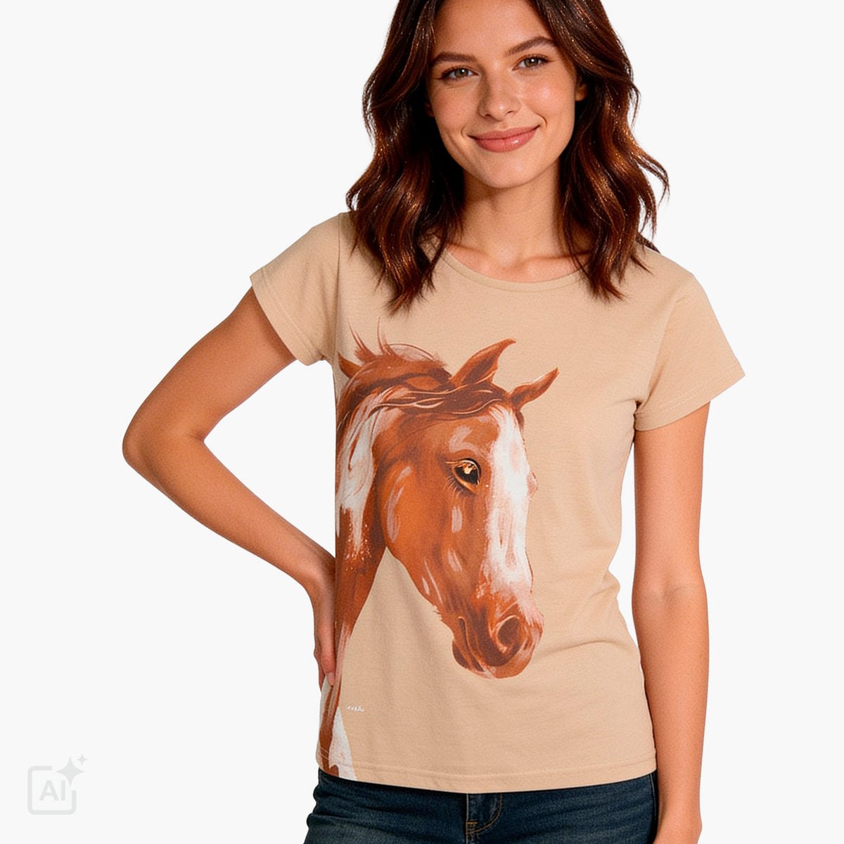 Damski T-shirt beżowy z koniem