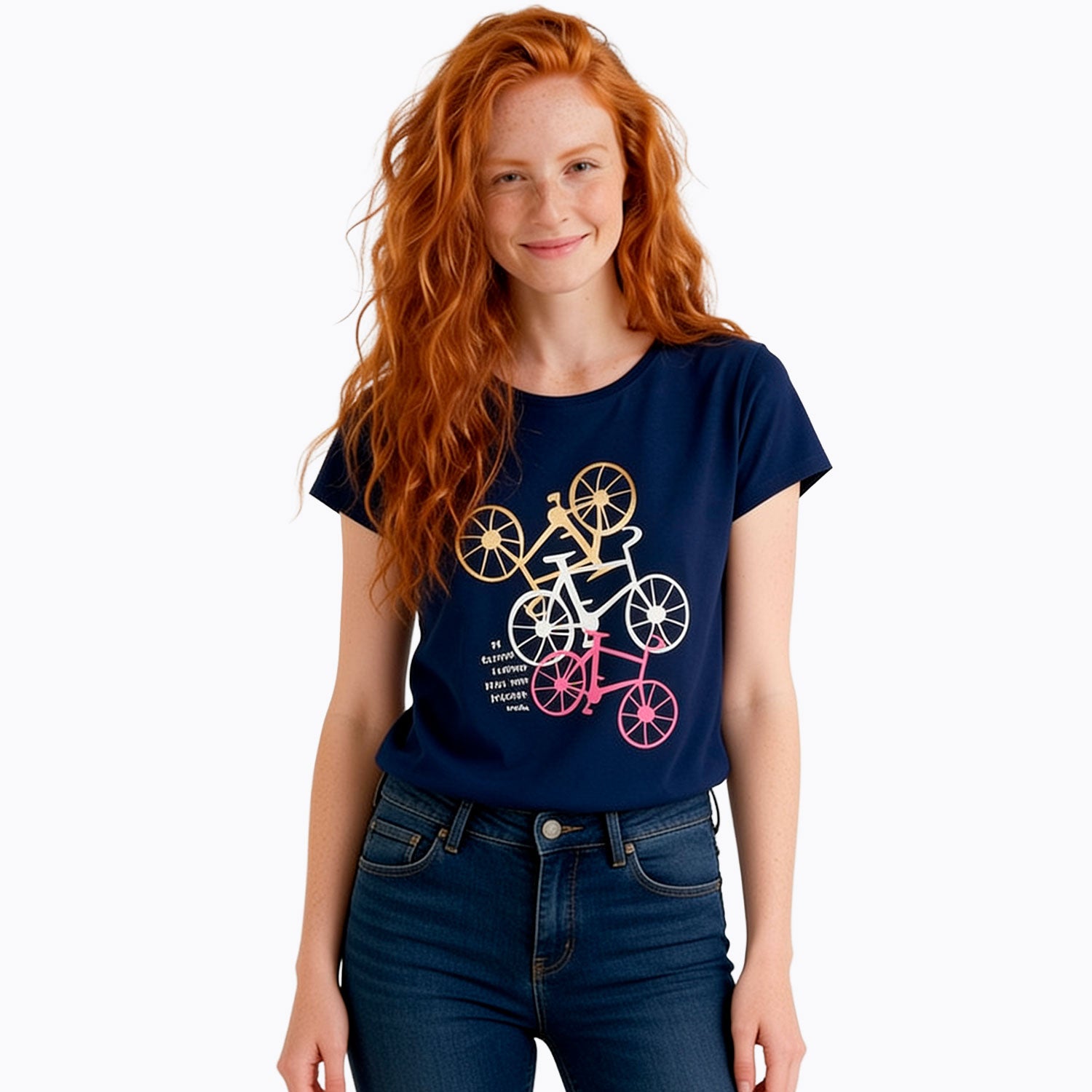 Damski T-shirt z krótkim rękawem granatowy z motywem rowerowym