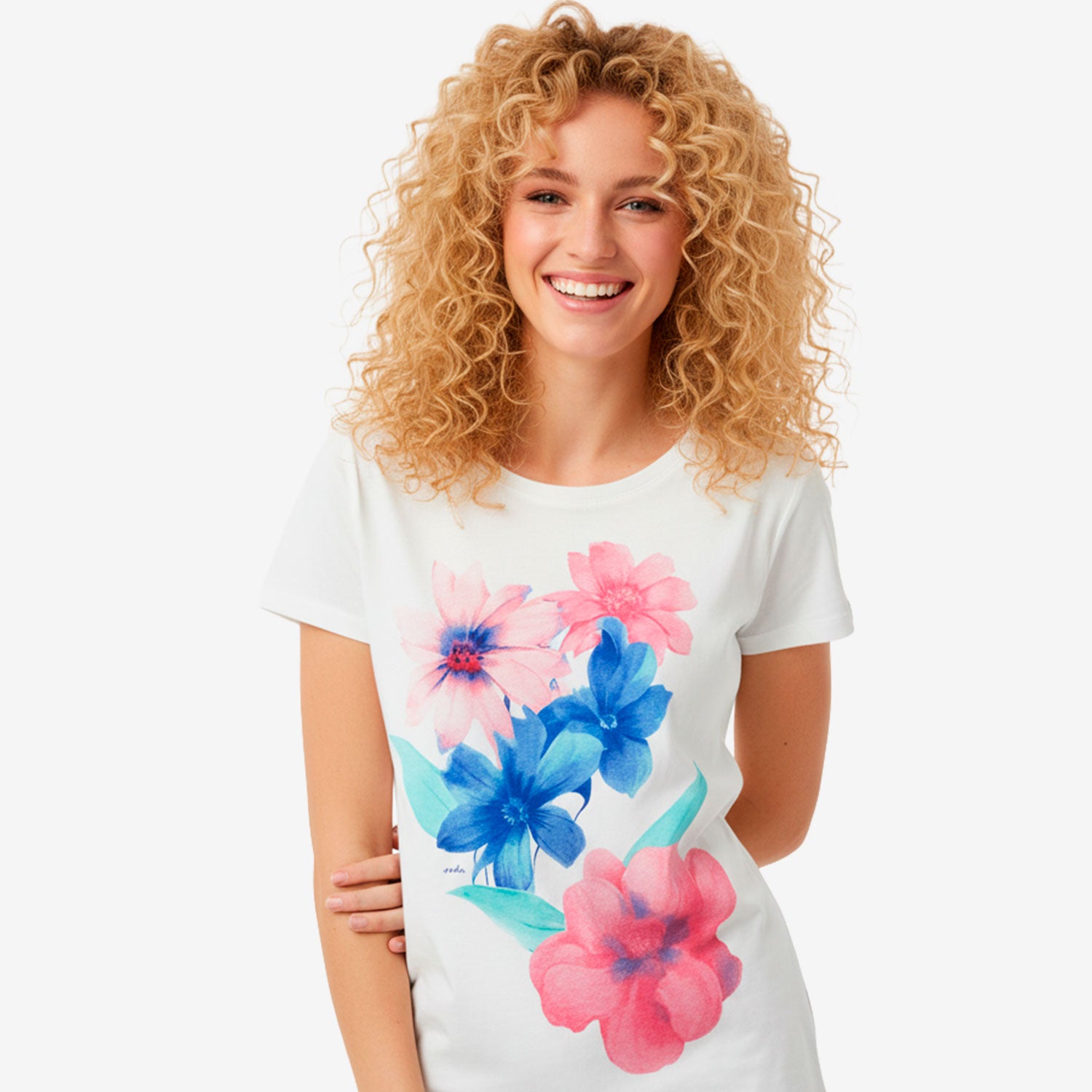 Damski t-shirt z krótkim rękawem, z motywem kwiatowym, jasnoróżowy