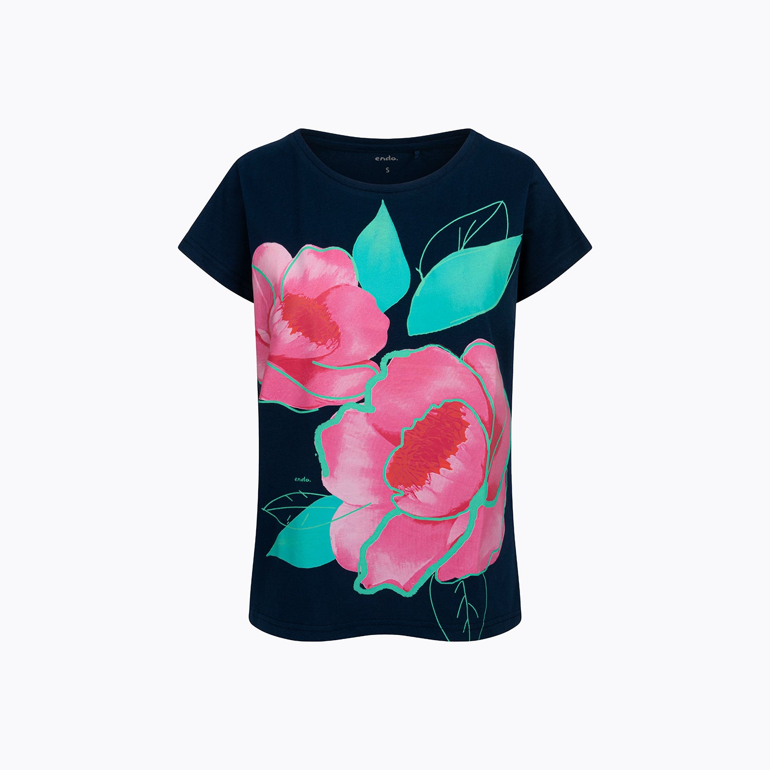 Damski t-shirt z krótkim rękawem, z motywem kwiatowym, granatowy