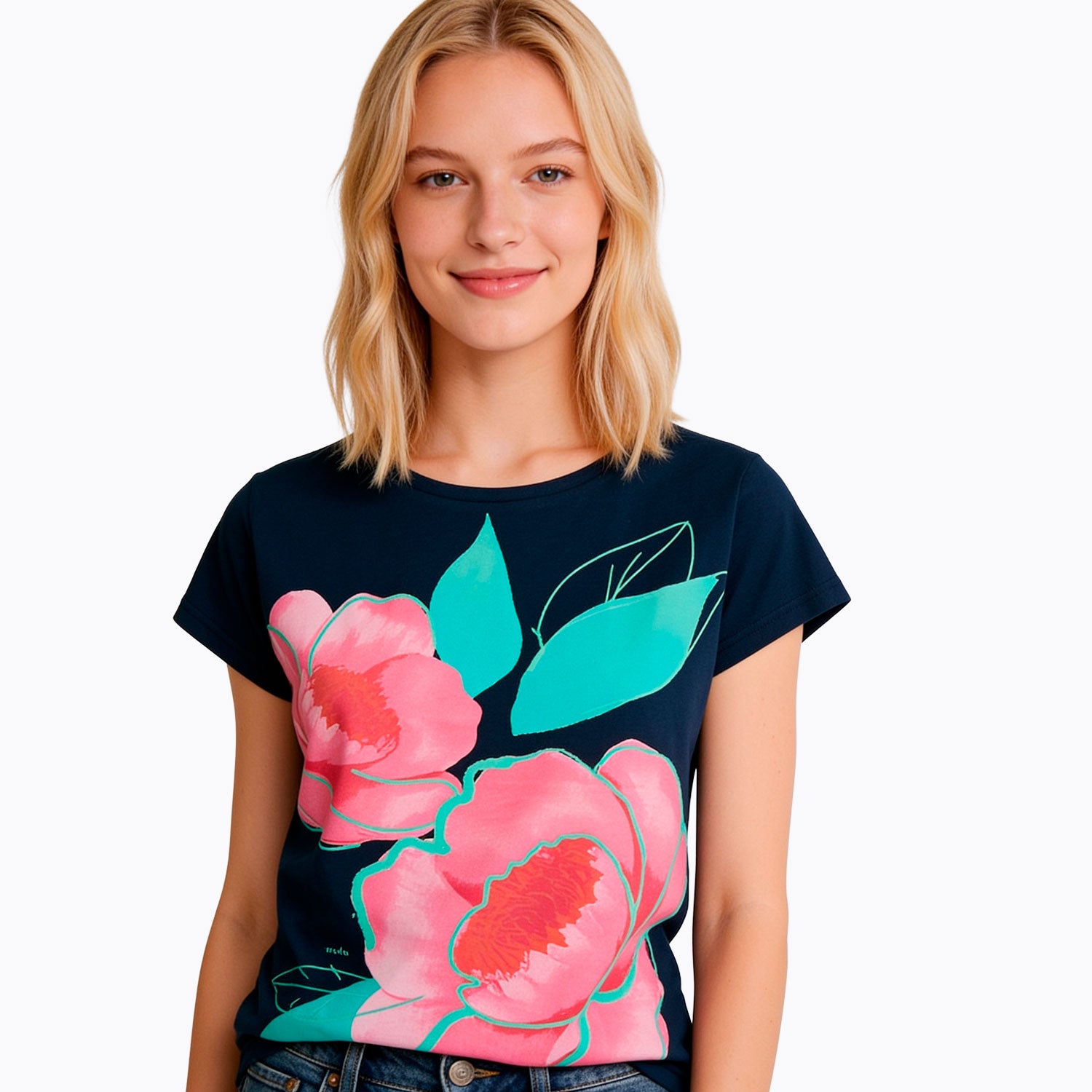 Damski t-shirt z krótkim rękawem, z motywem kwiatowym, granatowy