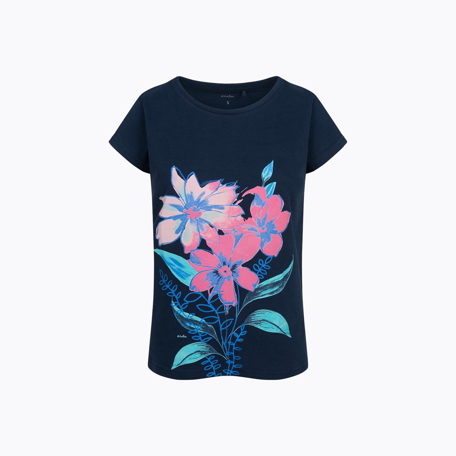 Damski t-shirt z krótkim rękawem, z motywem kwiatowym, granatowy