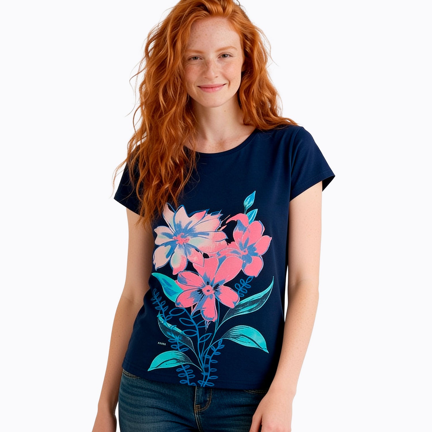Damski t-shirt z krótkim rękawem, z motywem kwiatowym, granatowy