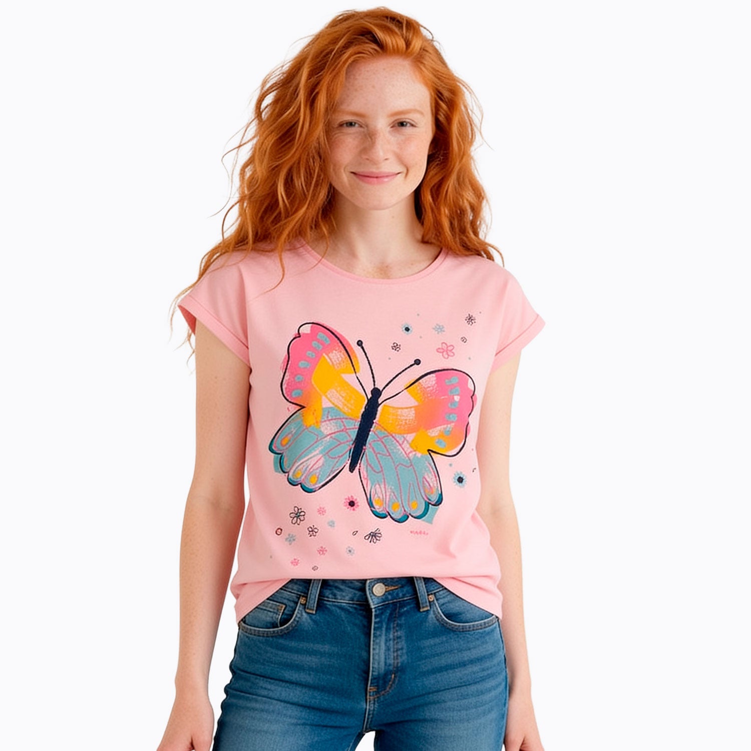 Damski T-shirt z krótkim rękawem ,różowy z motylem