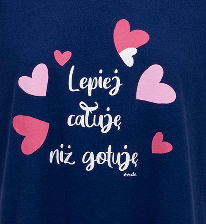 Damska piżama z krótkim rękawem, z sercami, granatowa