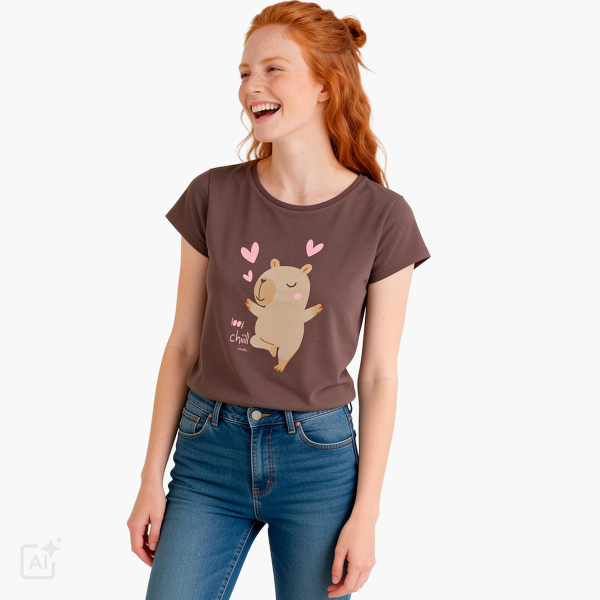 Damski t-shirt z krótkim rękawem, brązowy z kapibarą