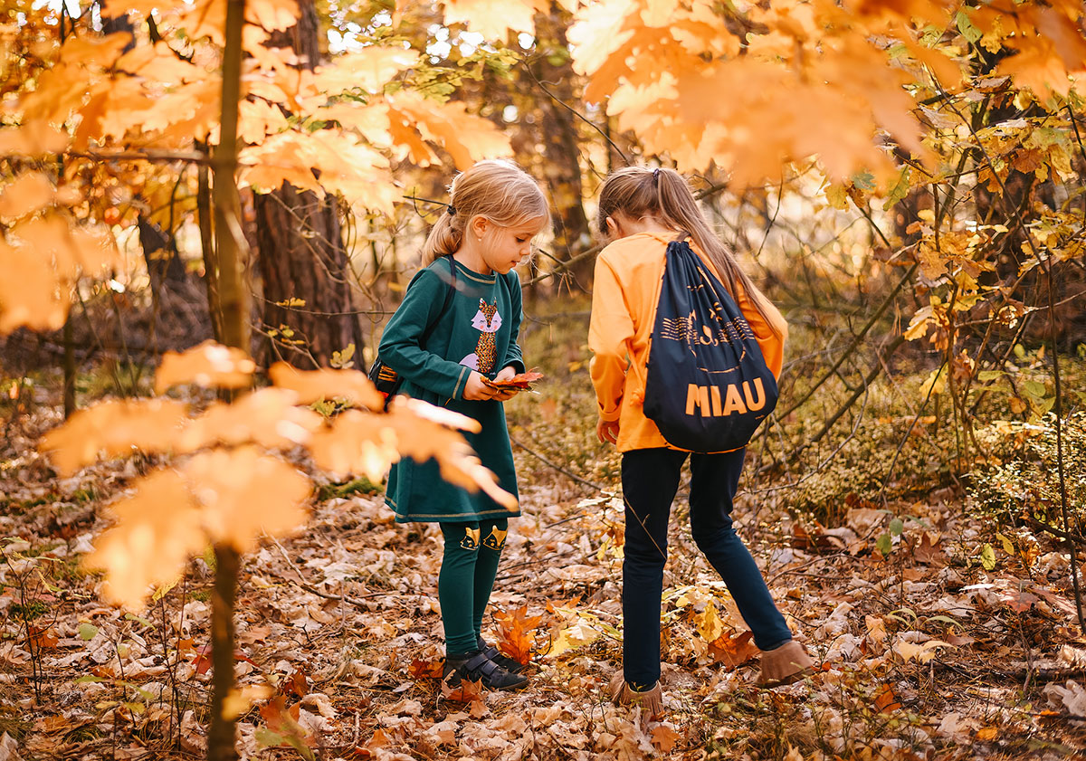 Dwie dziewczynki szukają kasztanów i żołędzi w jesiennym lesie.