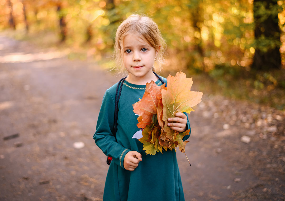 Mała dziewczynka prezentuje garść zebranych jesiennych liści.