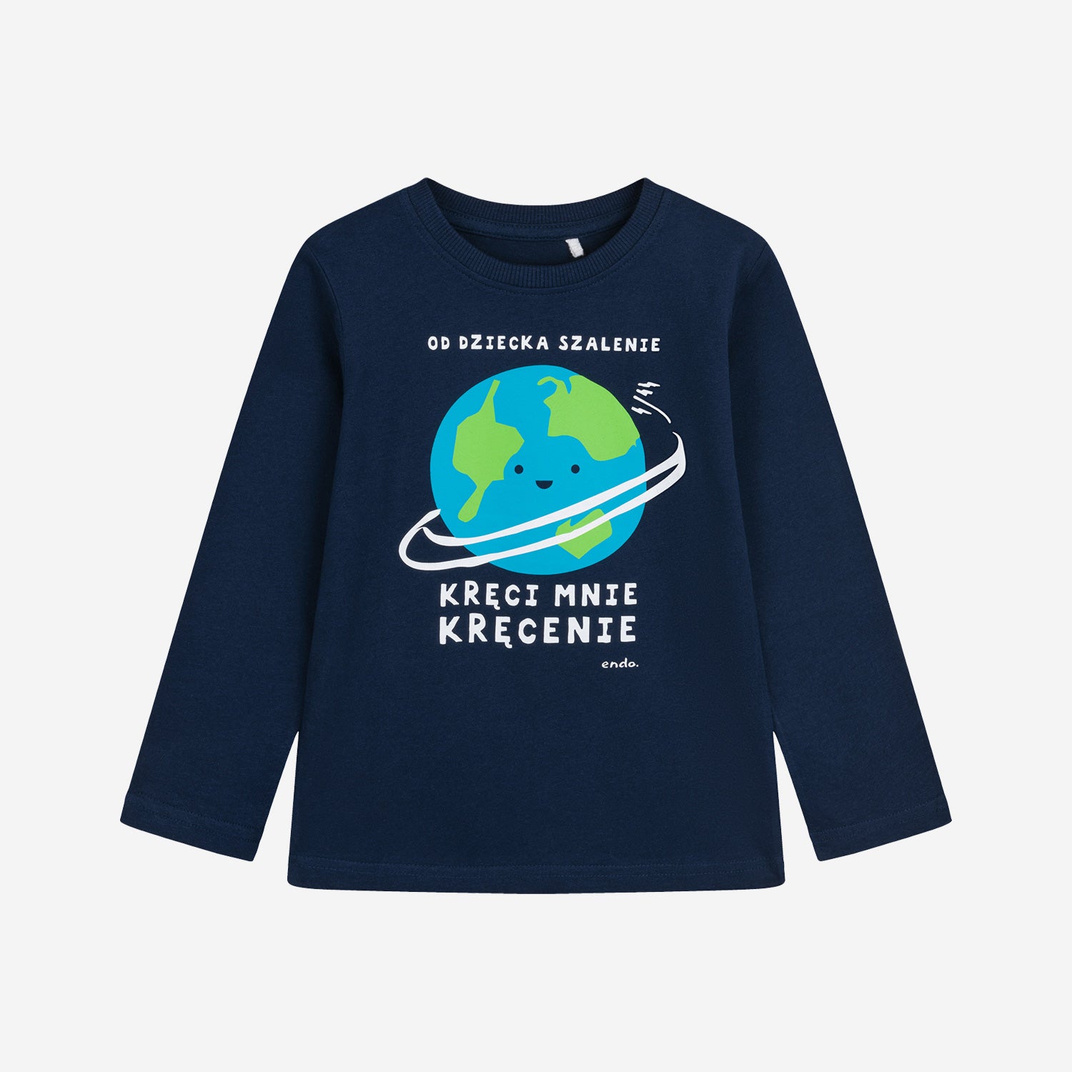 Long-sleeved T-shirt for a boy, with an Earth motif and the inscription "I've been crazy about spinning since I was a child", navy blue, 3-8 years old