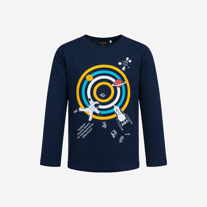 Long-sleeved T-shirt for a boy, with a space motif and the inscription "apparently a black hole is a space vacuum cleaner", navy blue, 9-13 years old