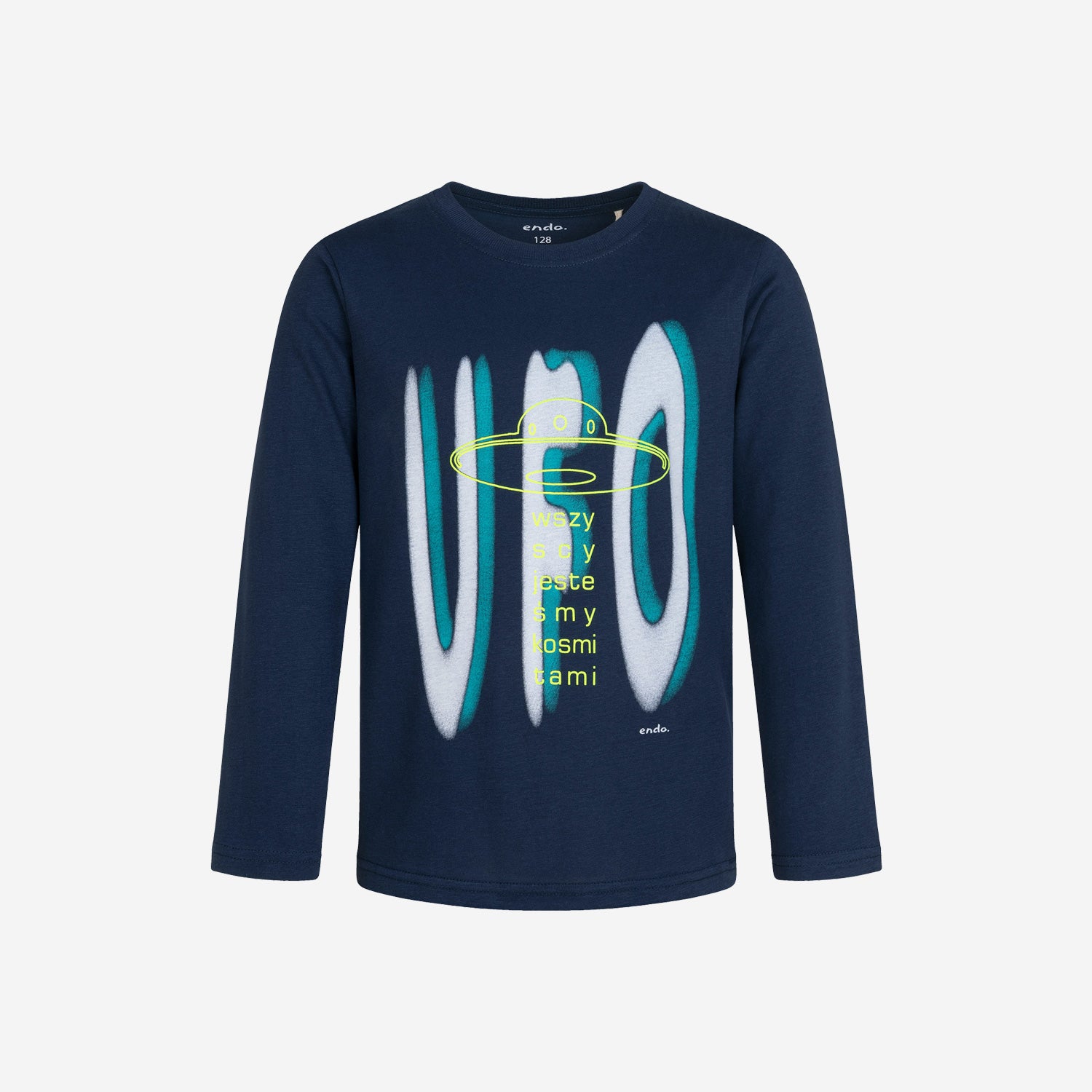 T-shirt z długim rękawem dla chłopca, ze statkiem kosmicznym, granatowy, 3-8 lat